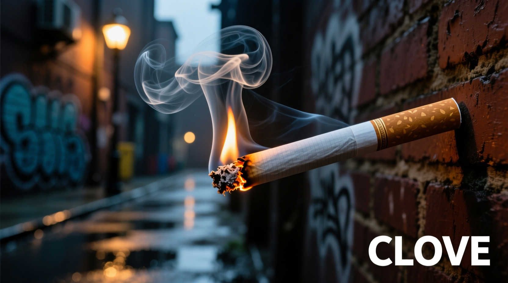 Clove cigarette burning with visible smoke trail