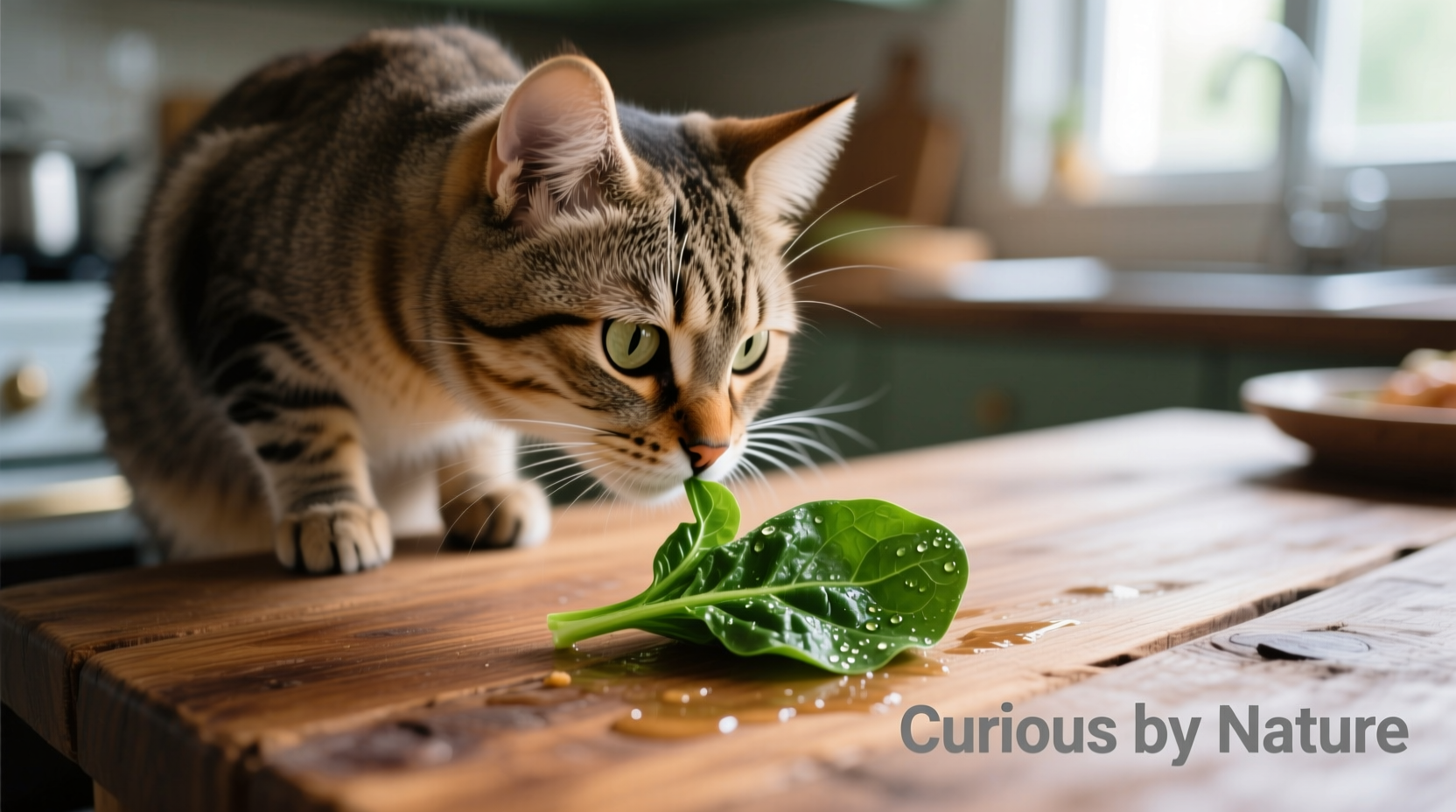 Cat cautiously sniffing small piece of cooked spinach