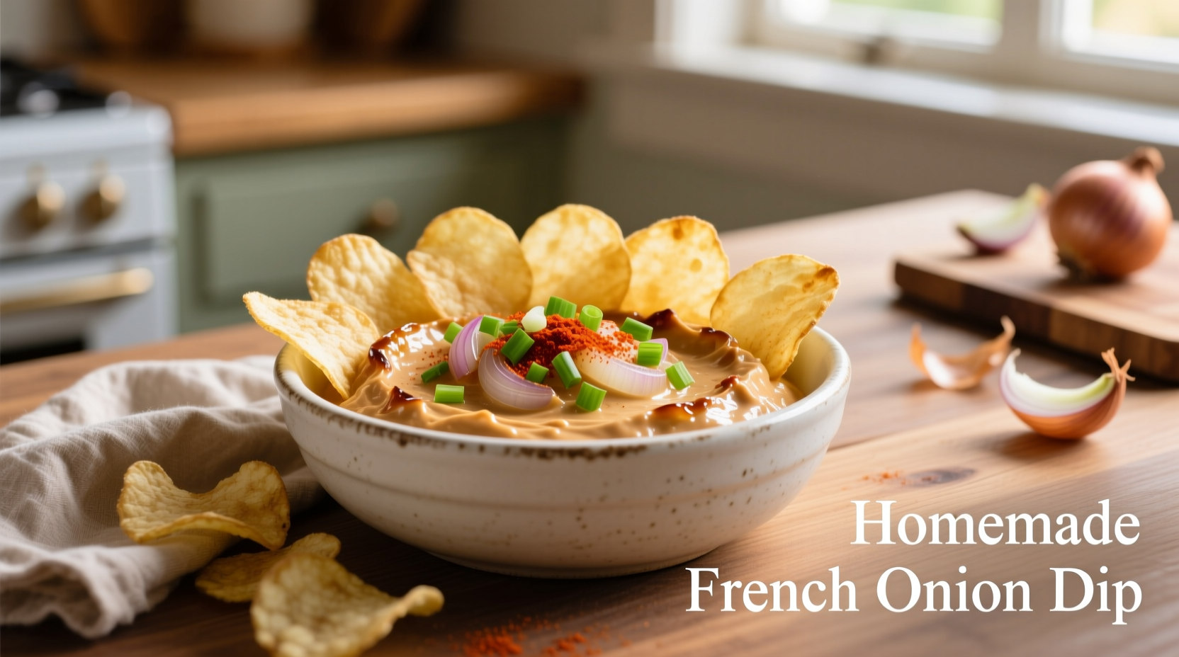 Homemade French onion dip in white bowl with chips