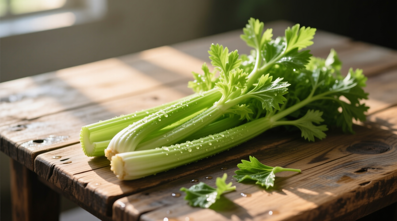 Fresh celery stalks with leaves on wooden table