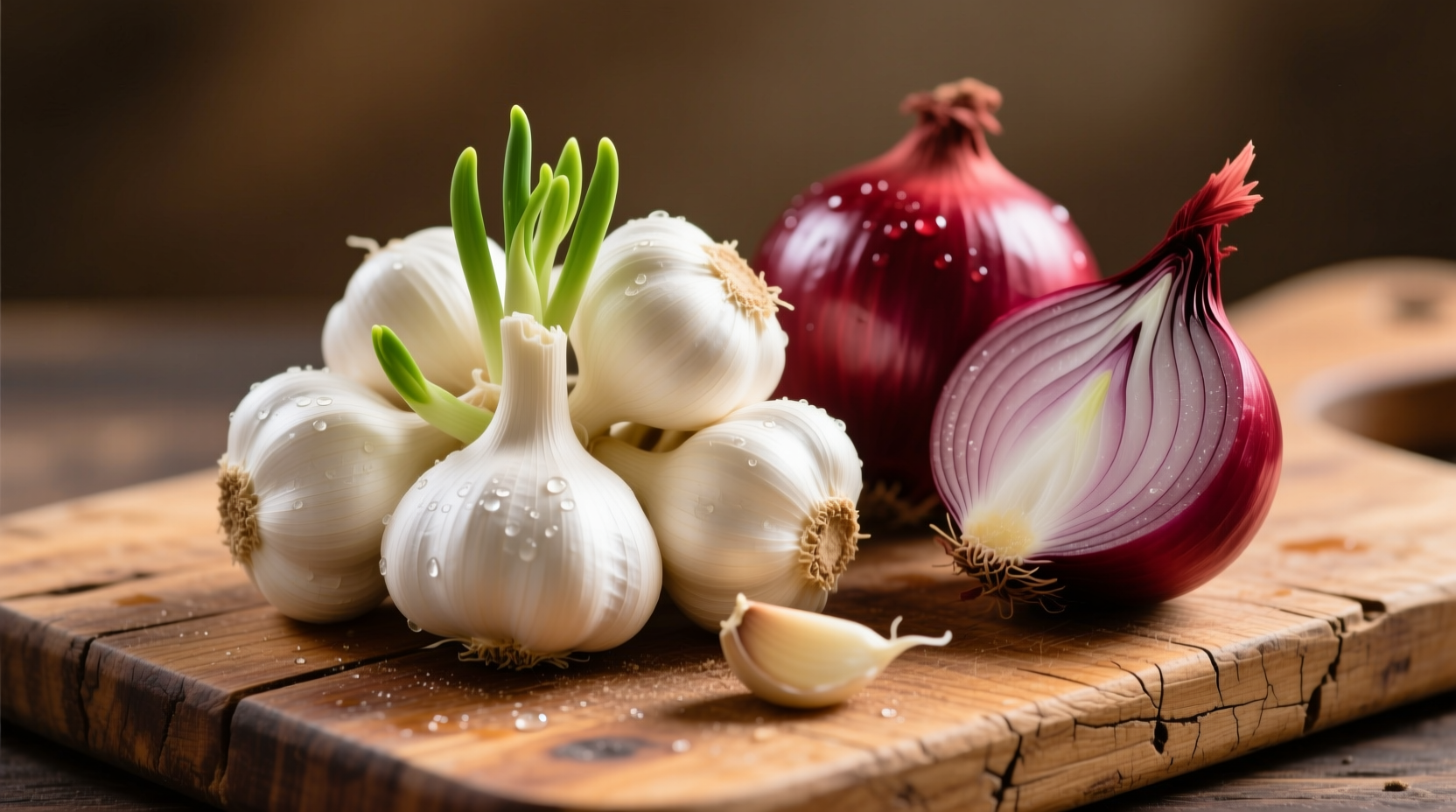 Fresh garlic bulbs and red onions on wooden cutting board