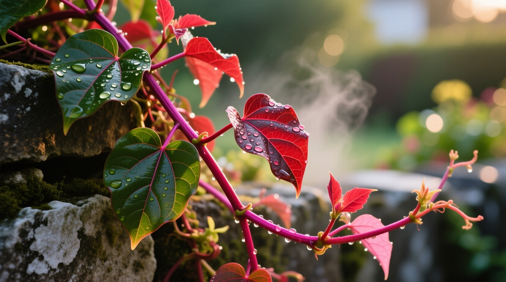 Red malabar spinach vine with glossy leaves and magenta stems