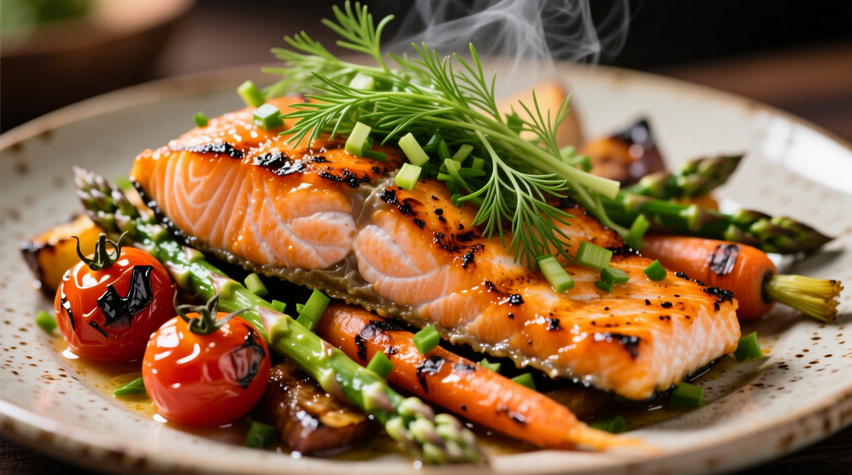 Chopped fennel fronds garnishing grilled salmon and roasted vegetables