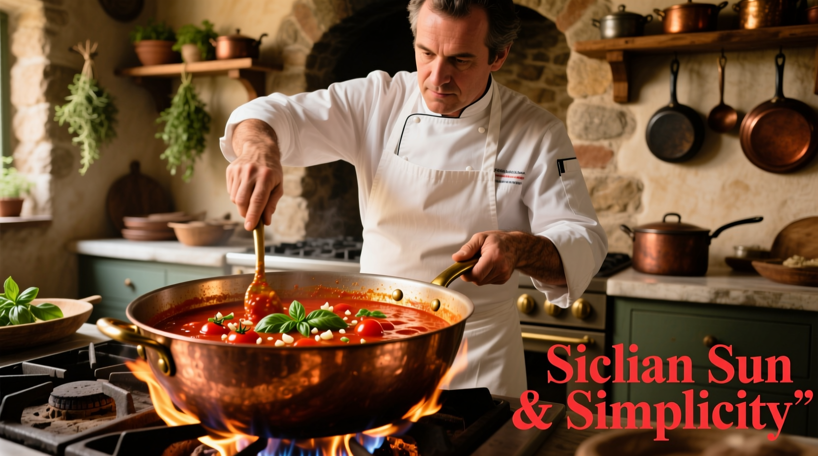 Chef stirring fresh tomato sauce in copper pot