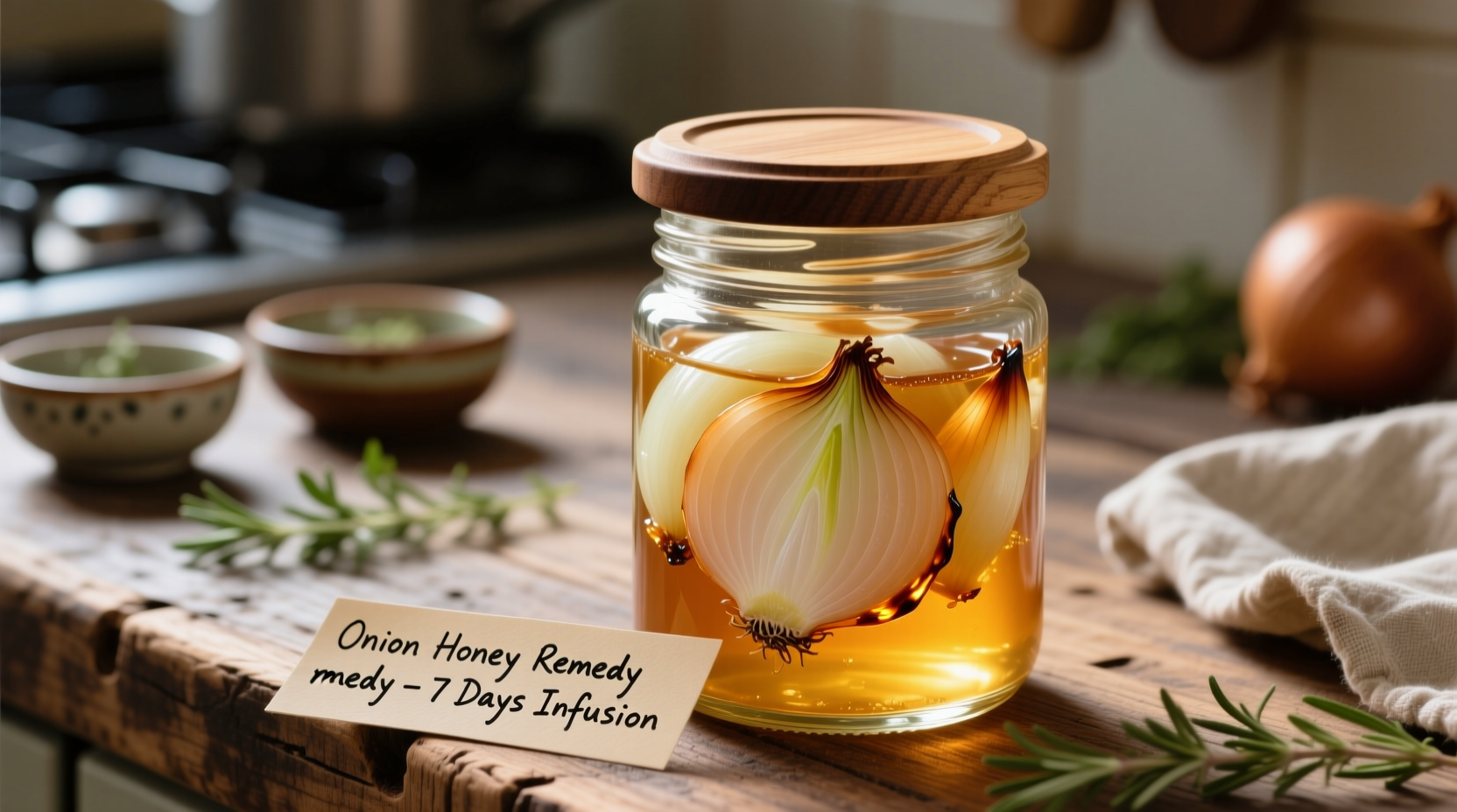 Homemade onion honey remedy in glass jar