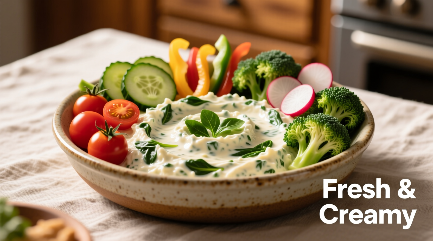 Creamy cottage cheese spinach dip in serving bowl with vegetables