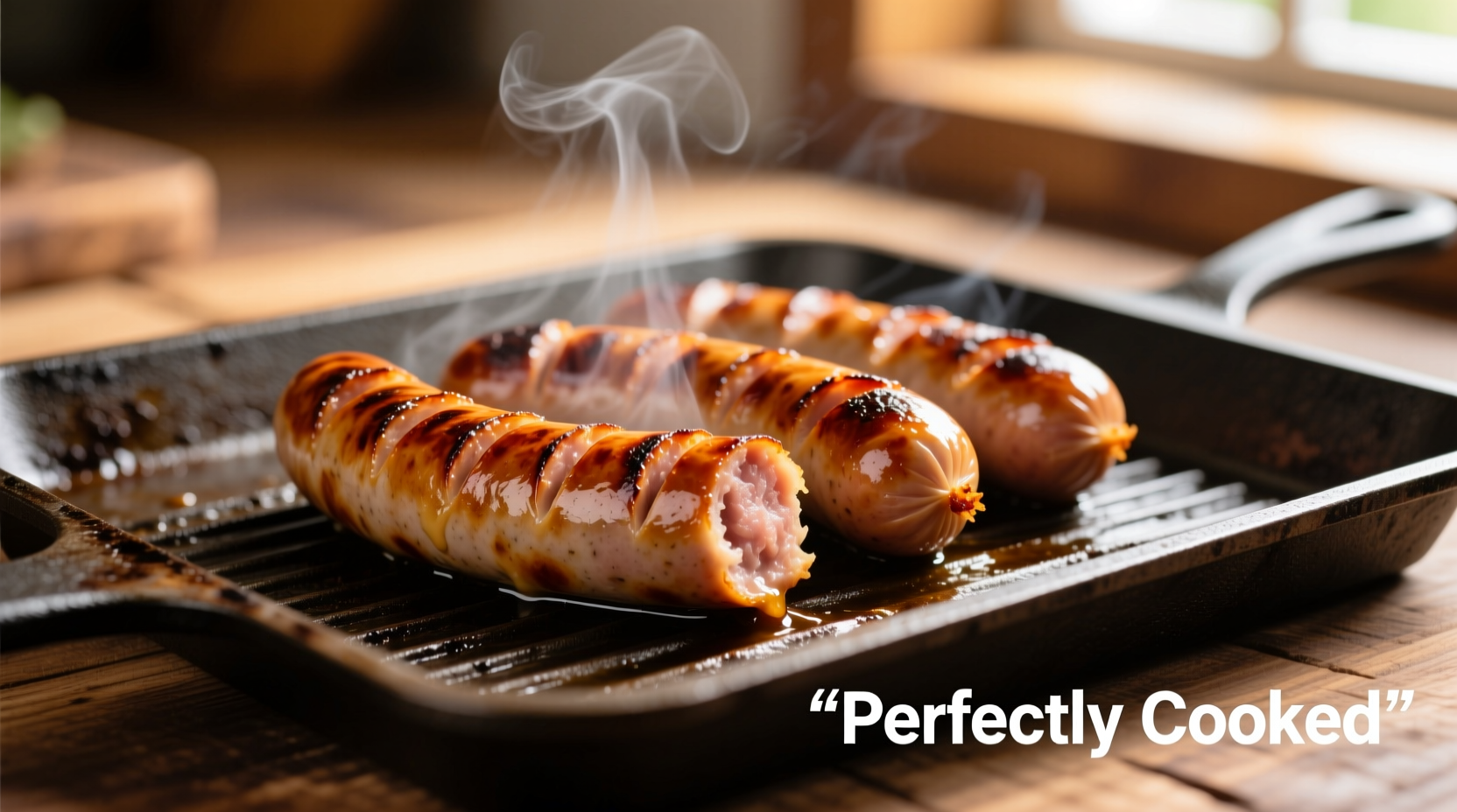 Perfectly cooked bratwursts on baking sheet