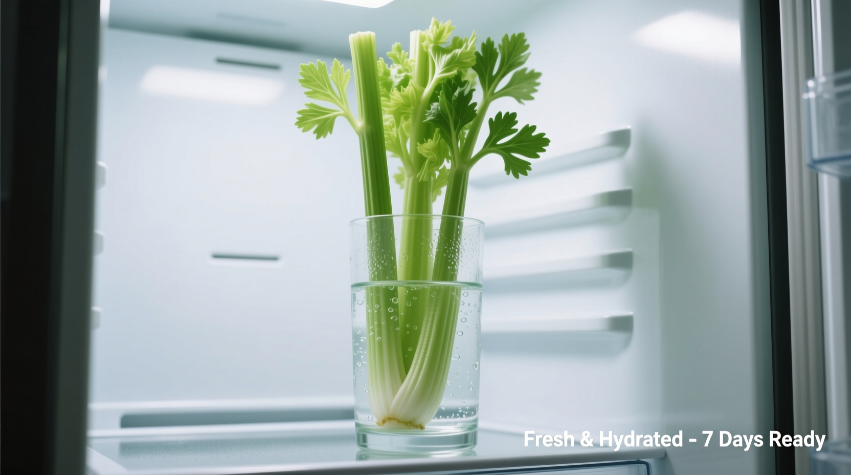 Celery stored upright in water-filled container in refrigerator