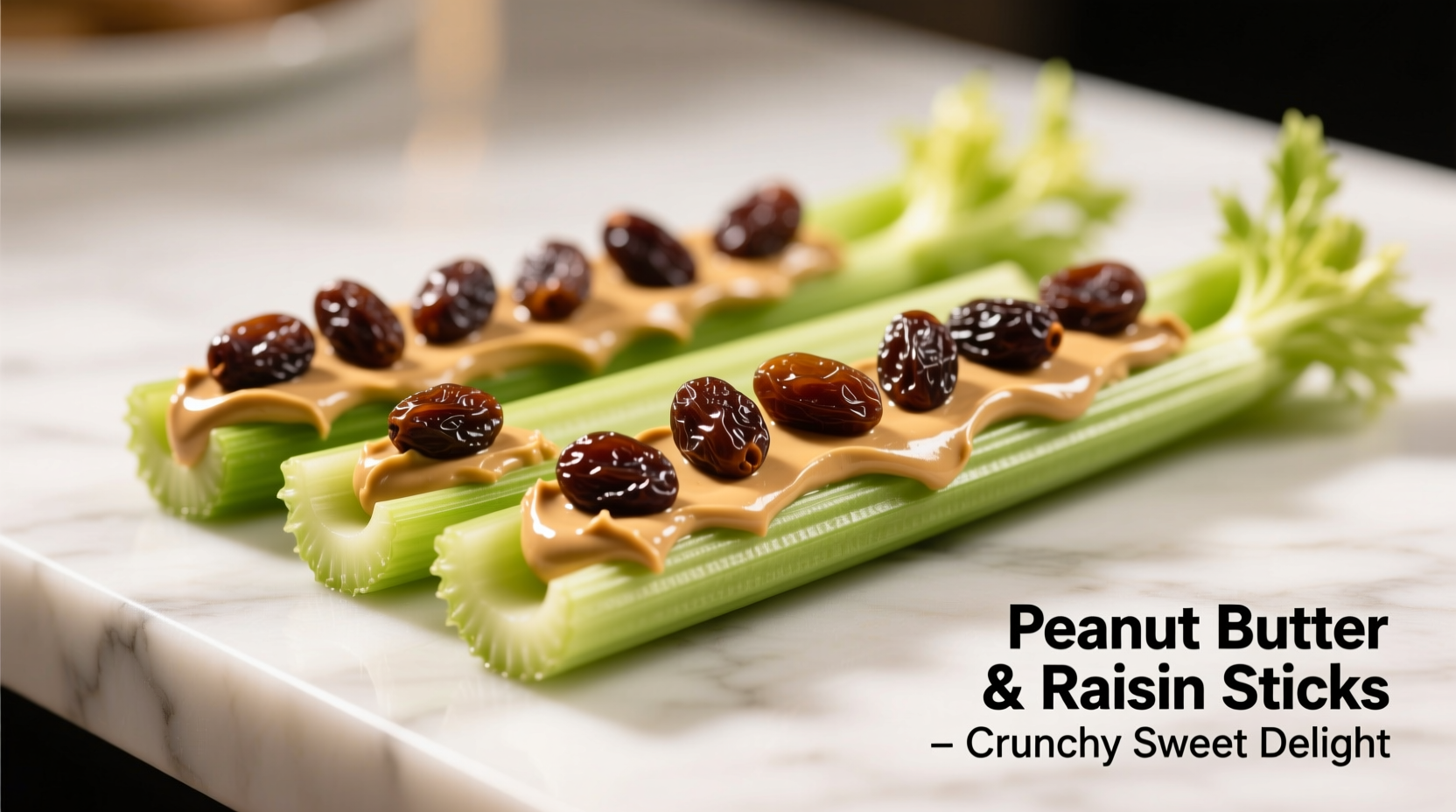 Fresh celery sticks filled with peanut butter and topped with raisins