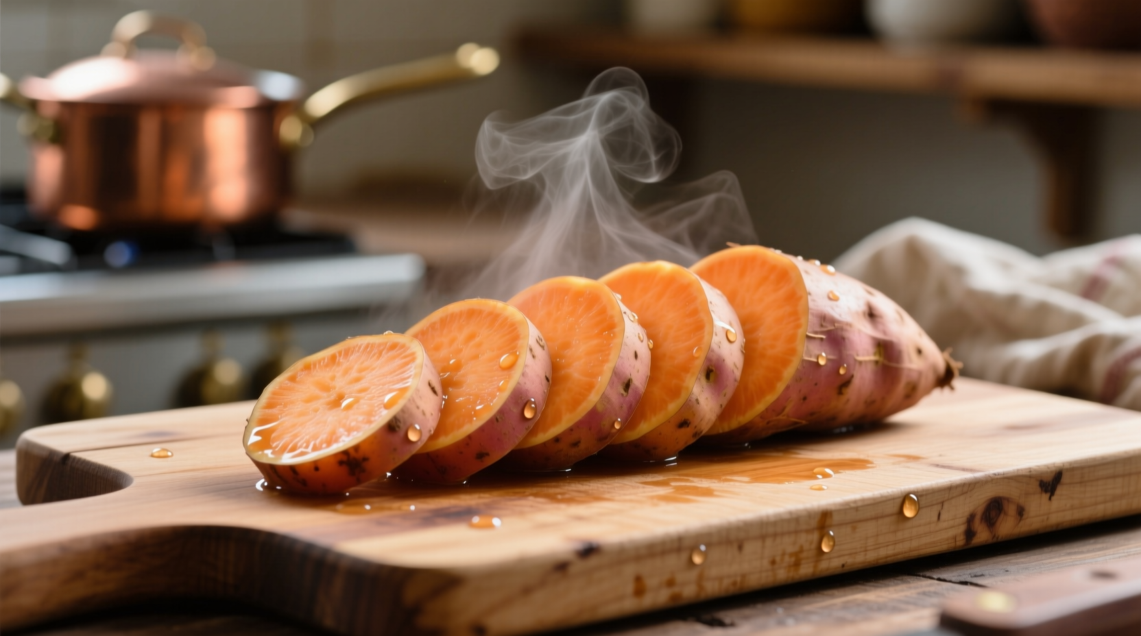 Boiled sweet potato slices on wooden cutting board