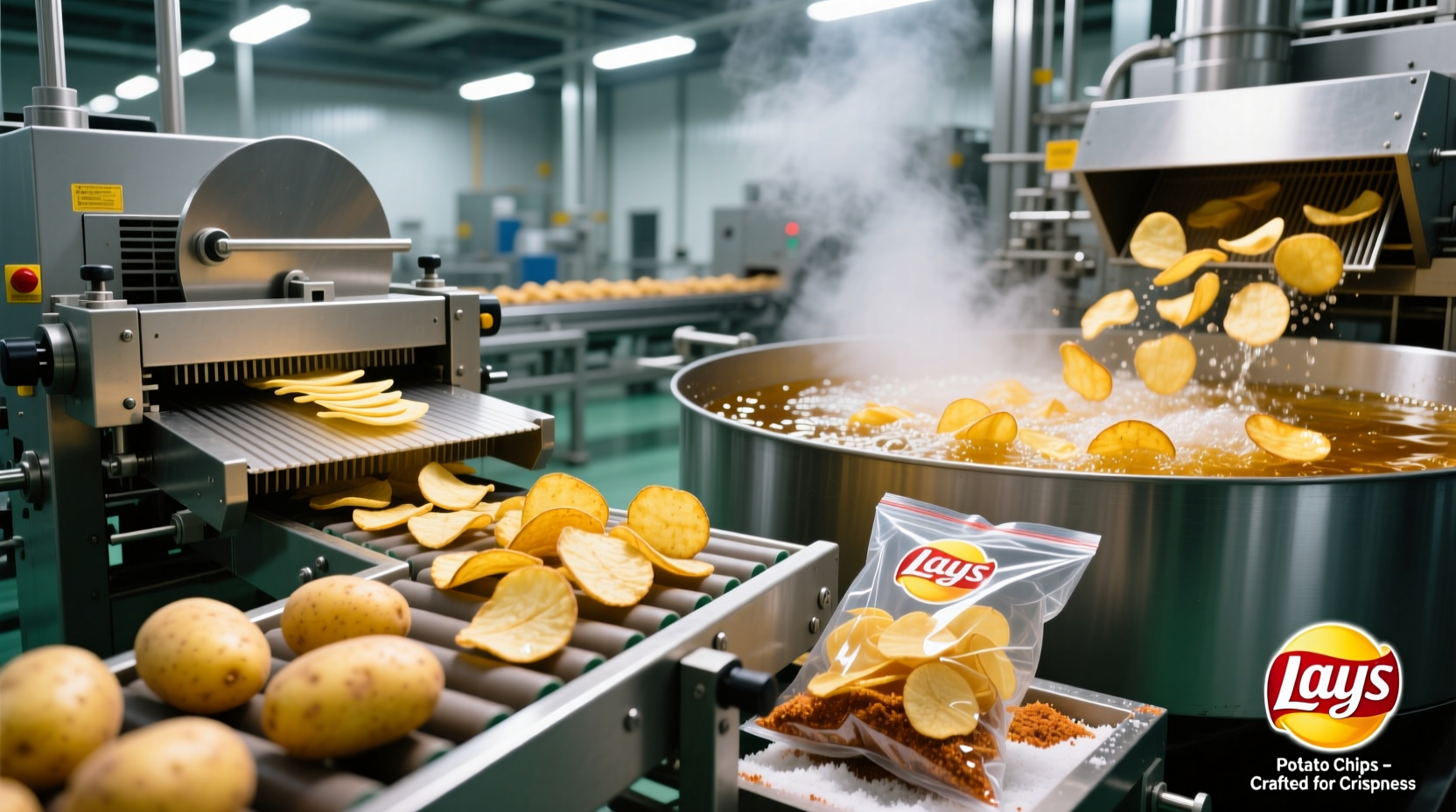 Lays potato chips production process showing potatoes being sliced and fried