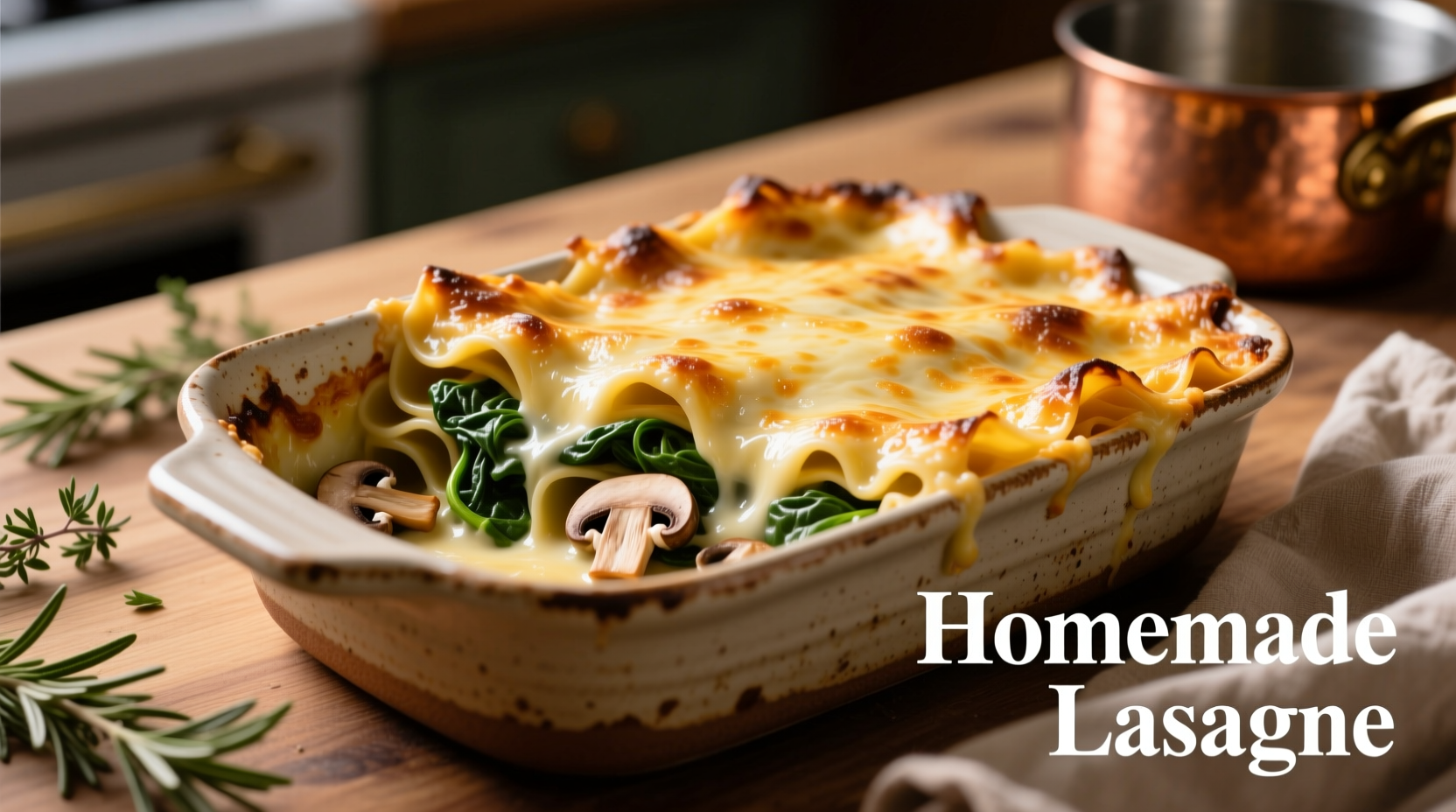 Mushroom and spinach lasagne baking in ceramic dish