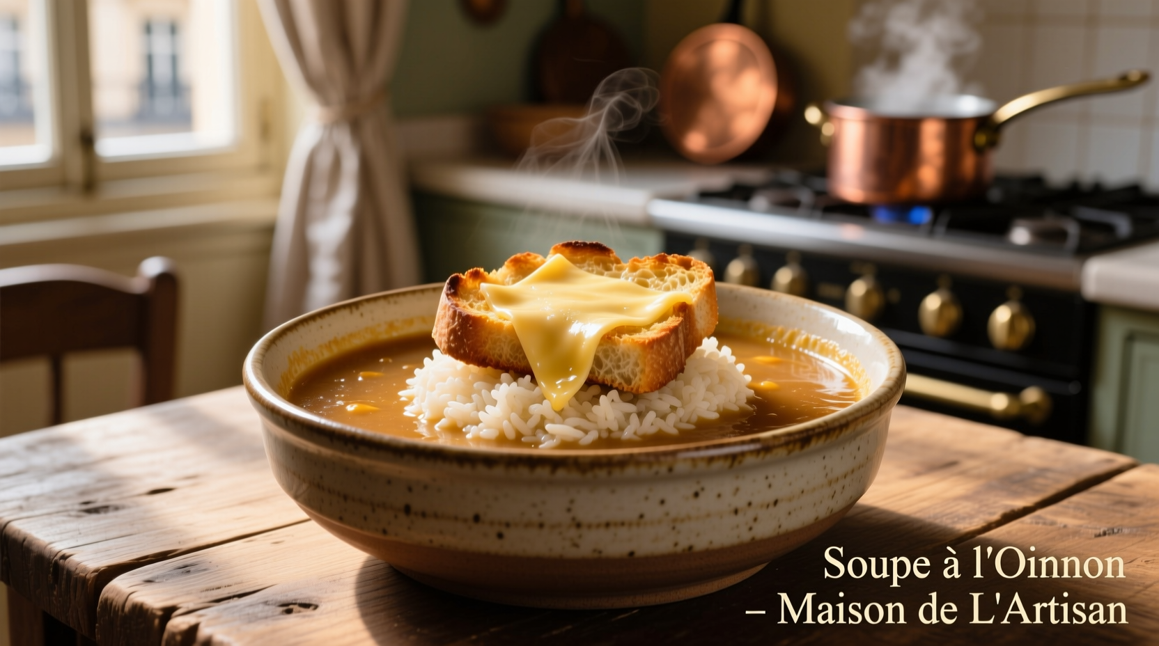 Golden brown French onion soup with rice in ceramic bowl