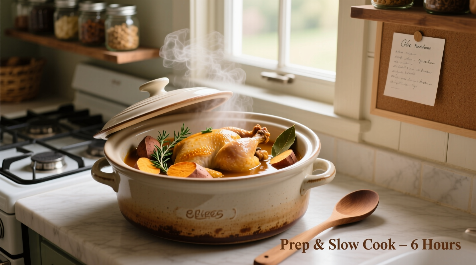 Chicken and sweet potatoes in slow cooker before cooking