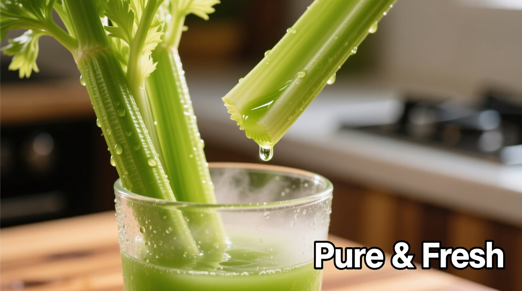 Fresh celery stalks with green juice in glass