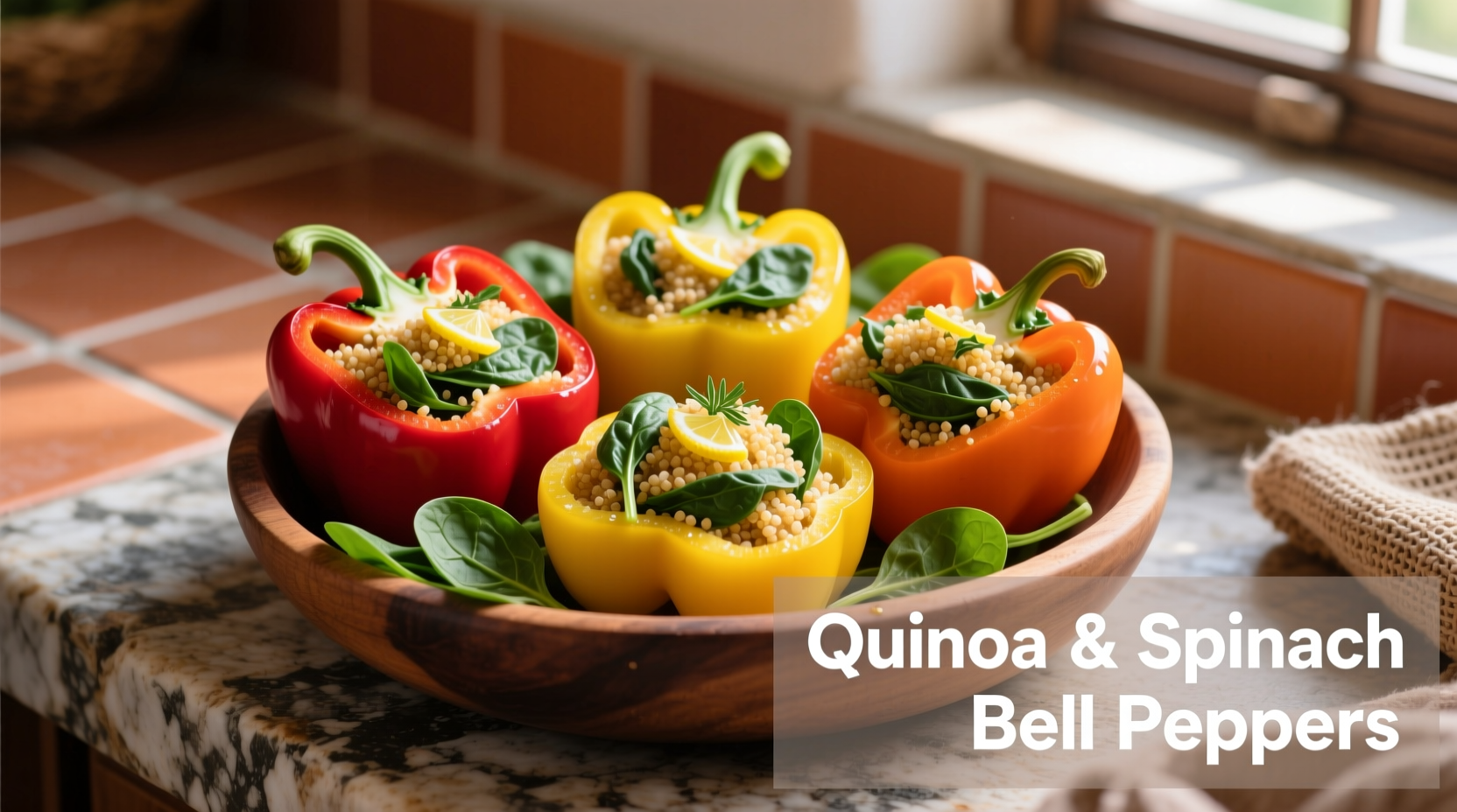 Colorful quinoa stuffed bell peppers with spinach