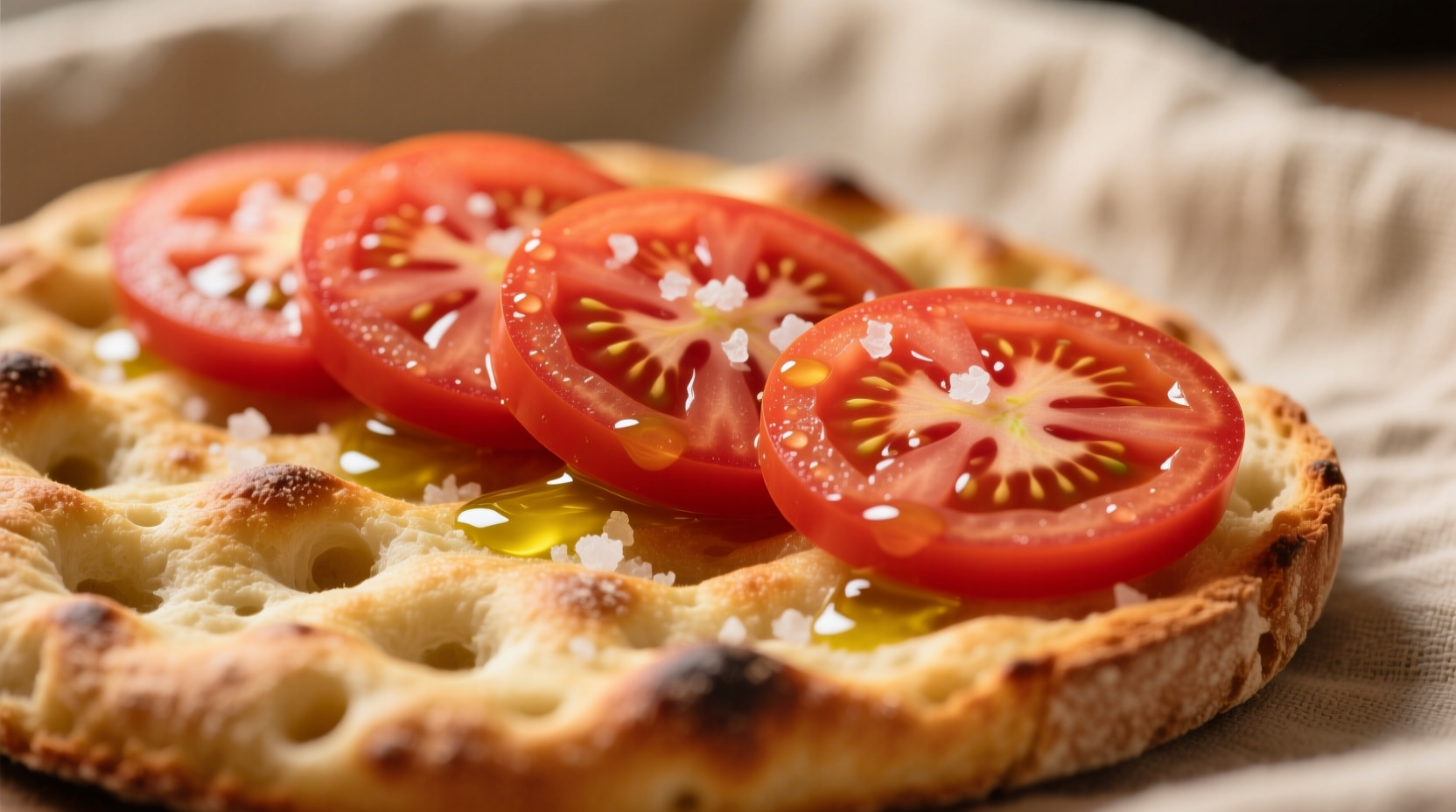 Fresh tomato slices arranged on golden focaccia