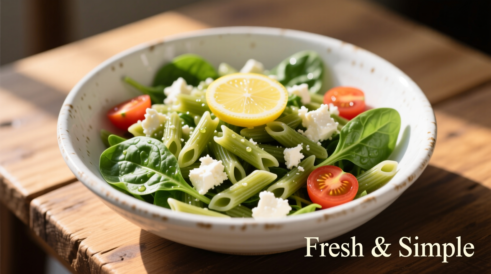 Fresh orzo spinach feta salad in a white bowl