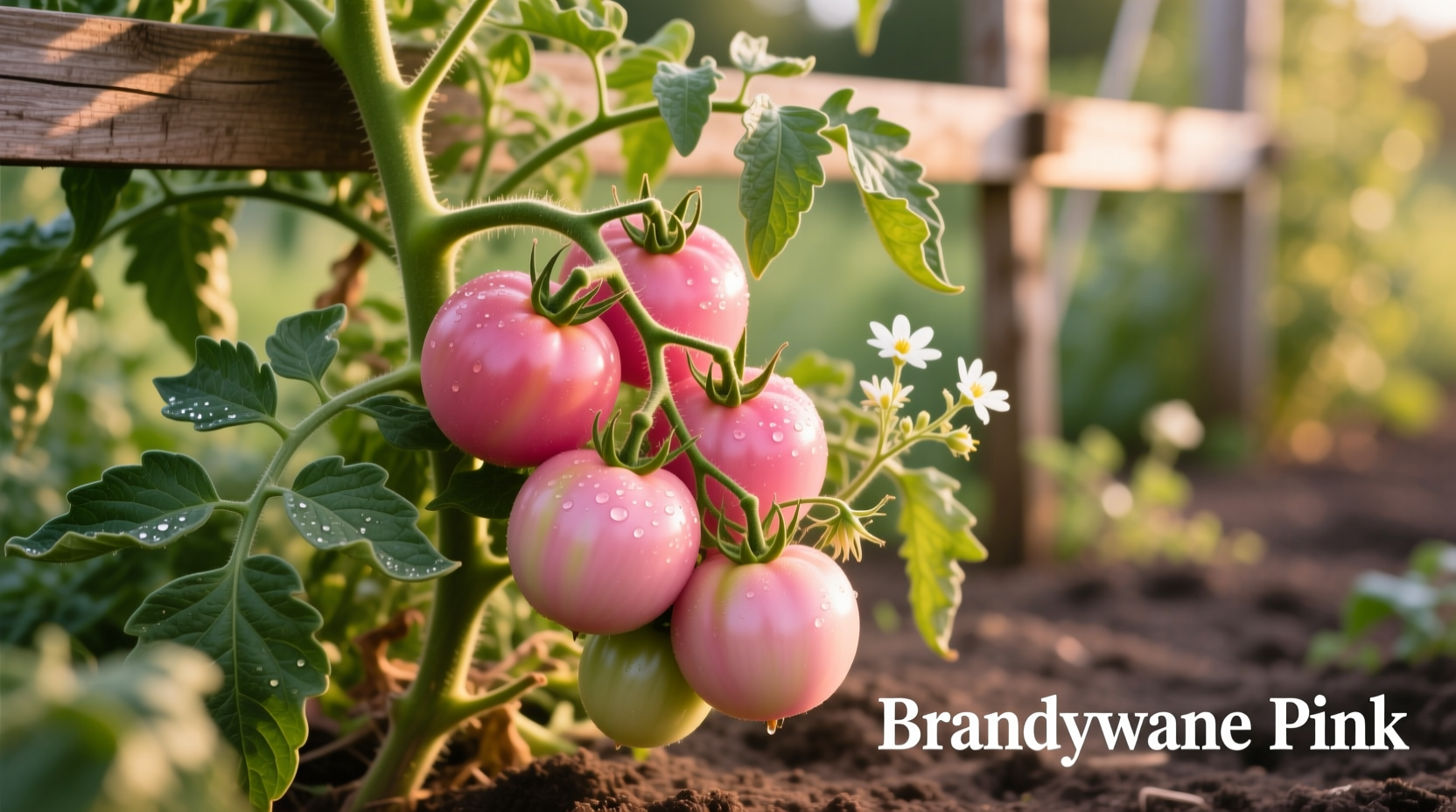 Brandywine pink tomato plant with ripe fruit