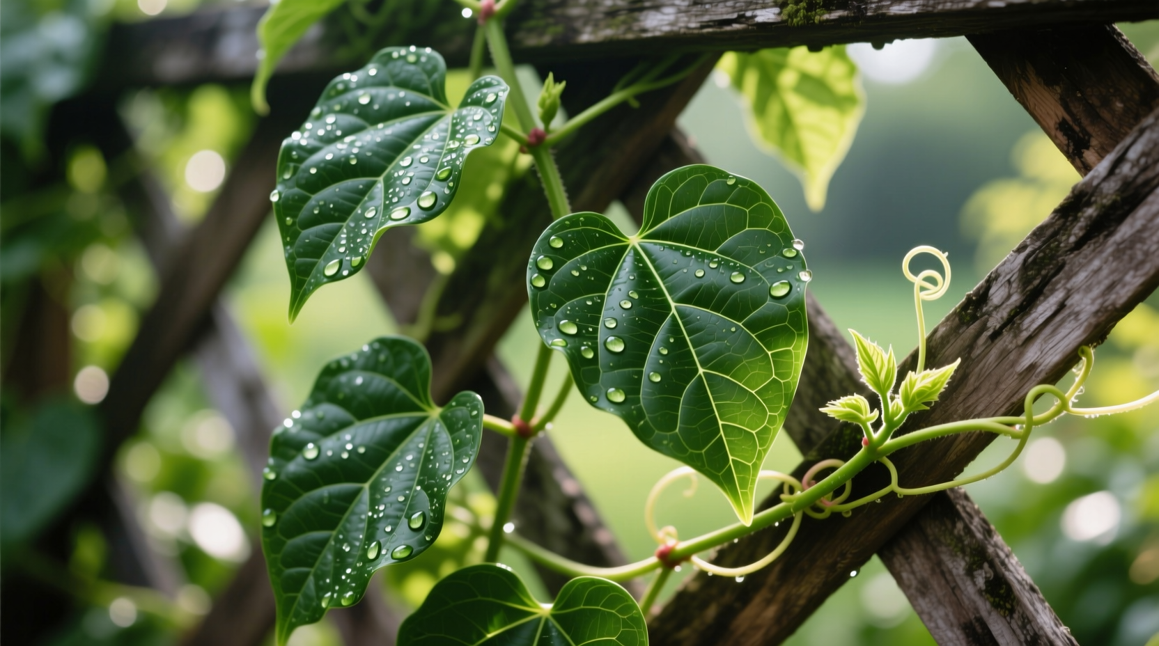 Malabar spinach vine growing on trellis with close-up of leaves