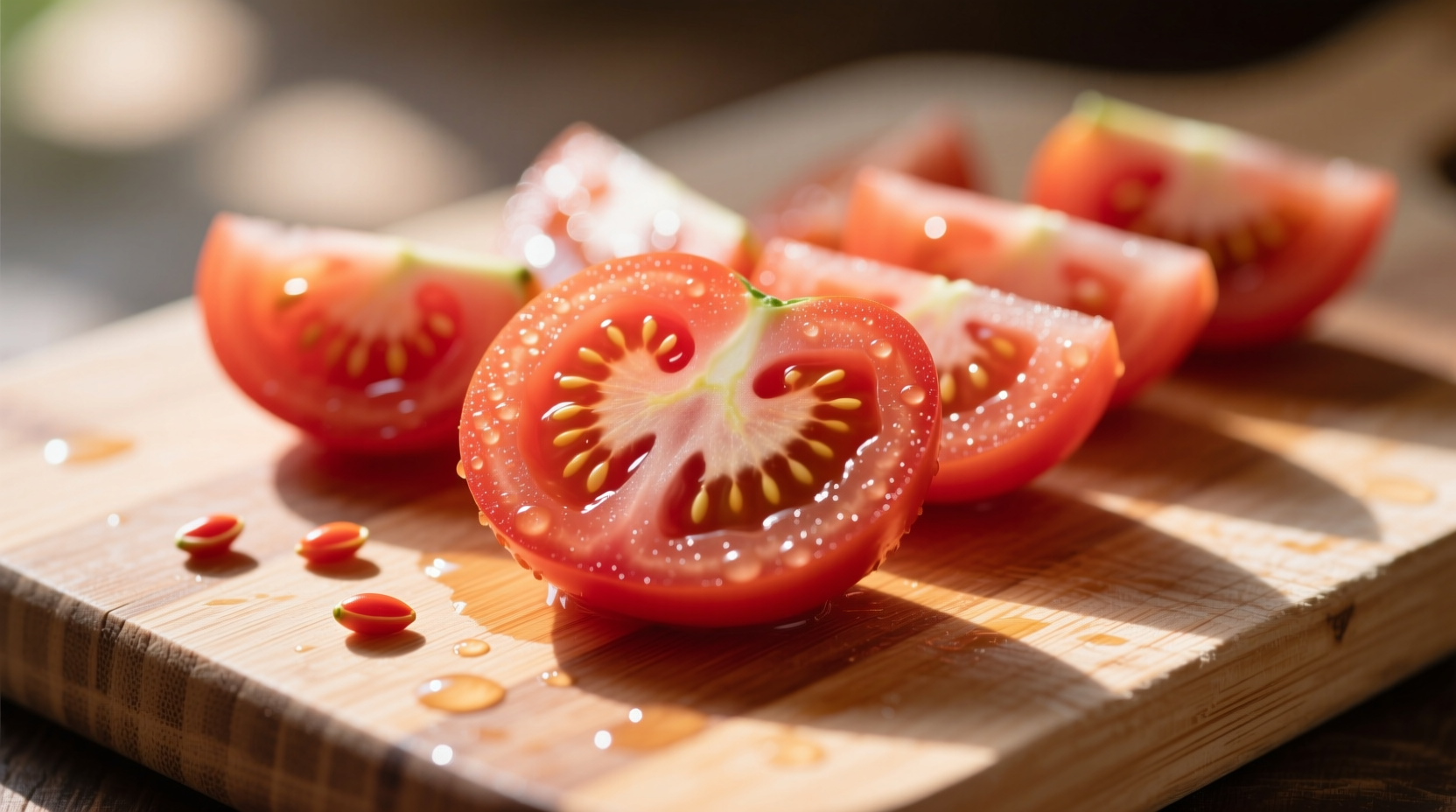 Fresh tomato slices on cutting board