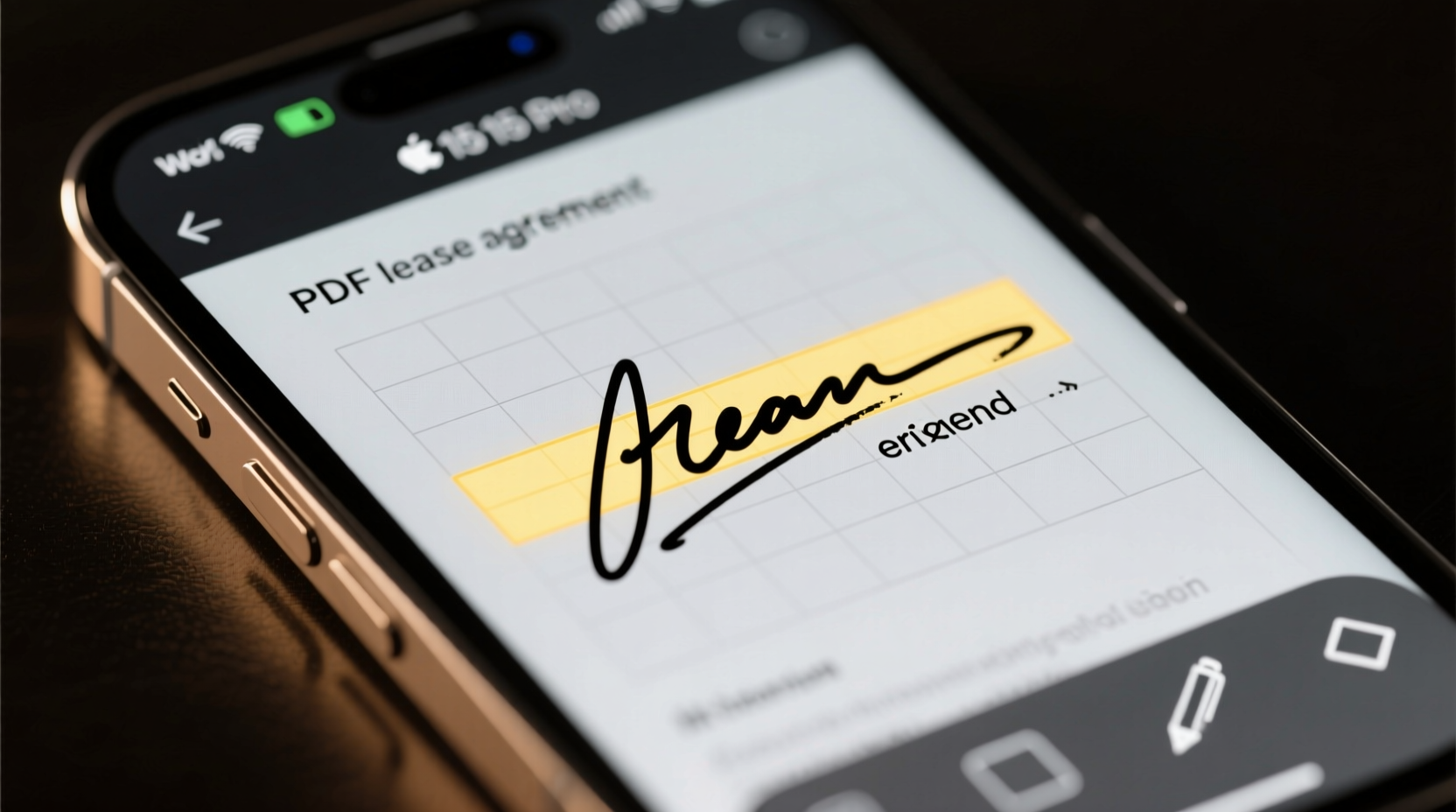 iPhone screen showing the Markup interface with a drawn signature placed over a highlighted signature line in a PDF lease agreement