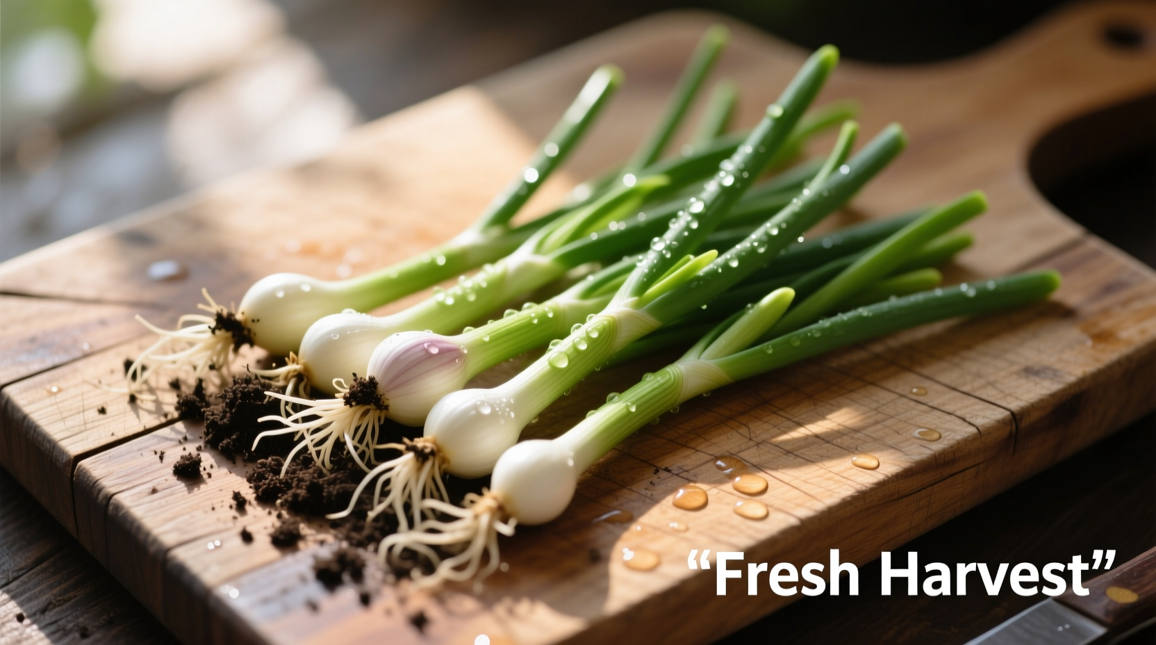 Fresh garlic shoots on wooden cutting board