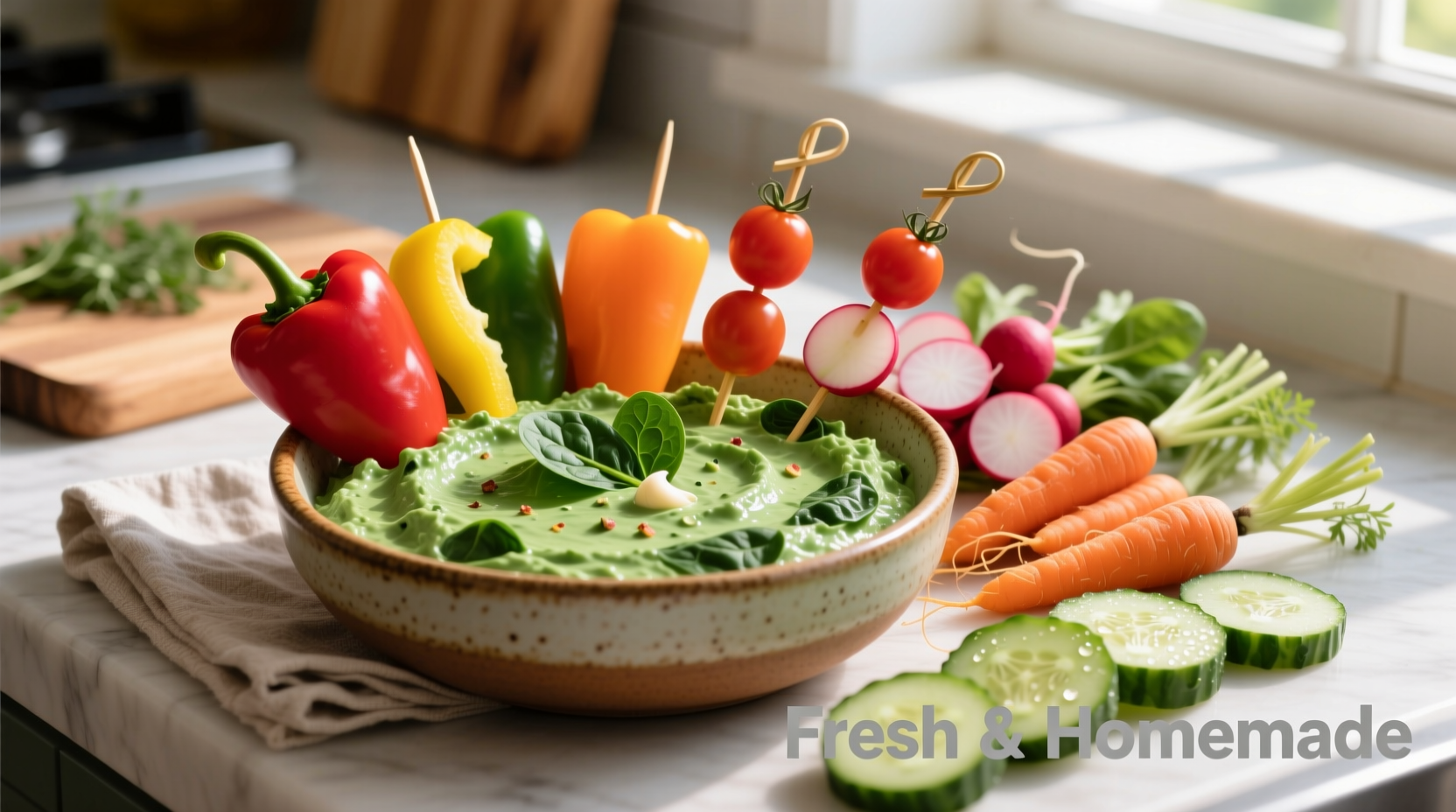 Homemade spinach dip with colorful vegetable dippers