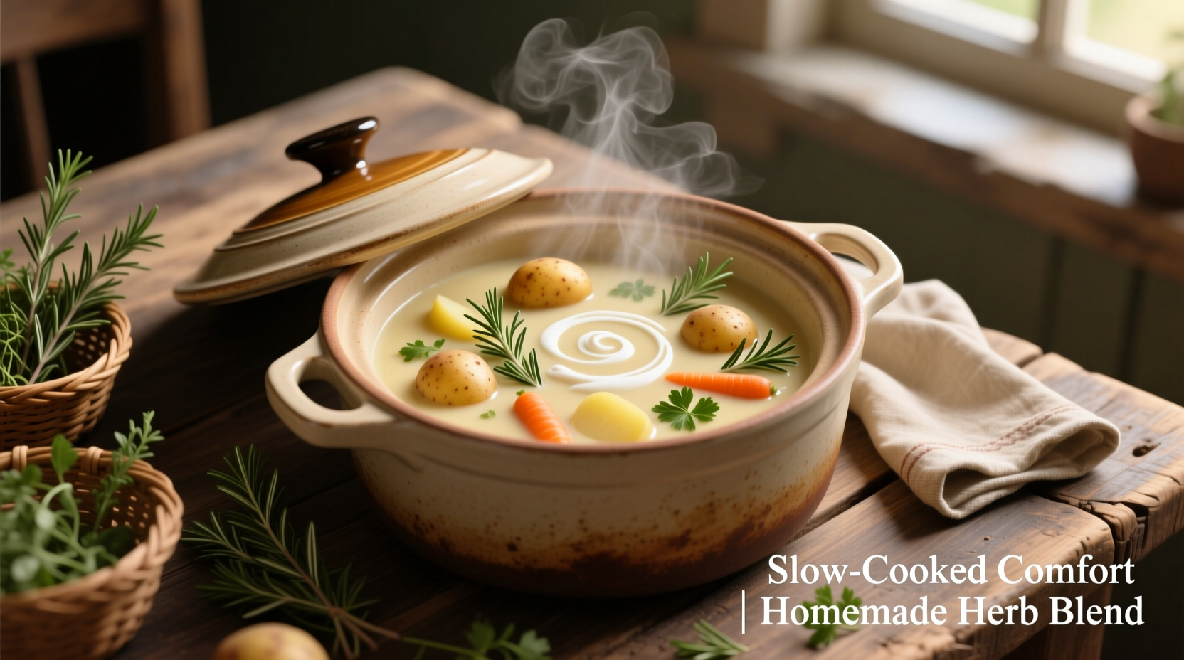 Creamy potato soup in slow cooker with herbs