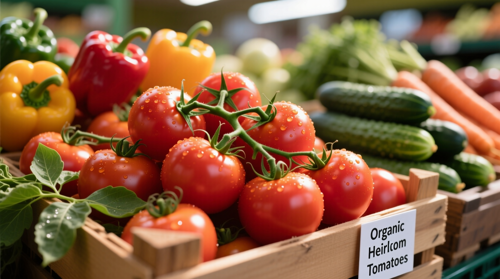 Fresh tomatoes on grocery store display