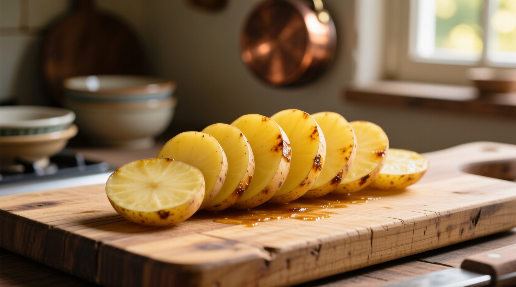 Golden yellow potato slices on wooden cutting board