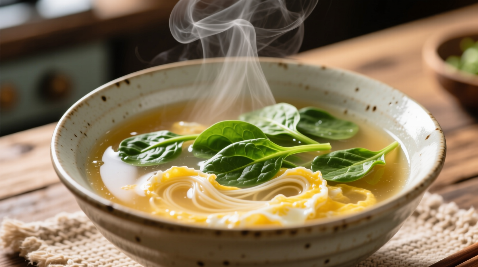 Steaming bowl of spinach egg drop soup with visible egg ribbons