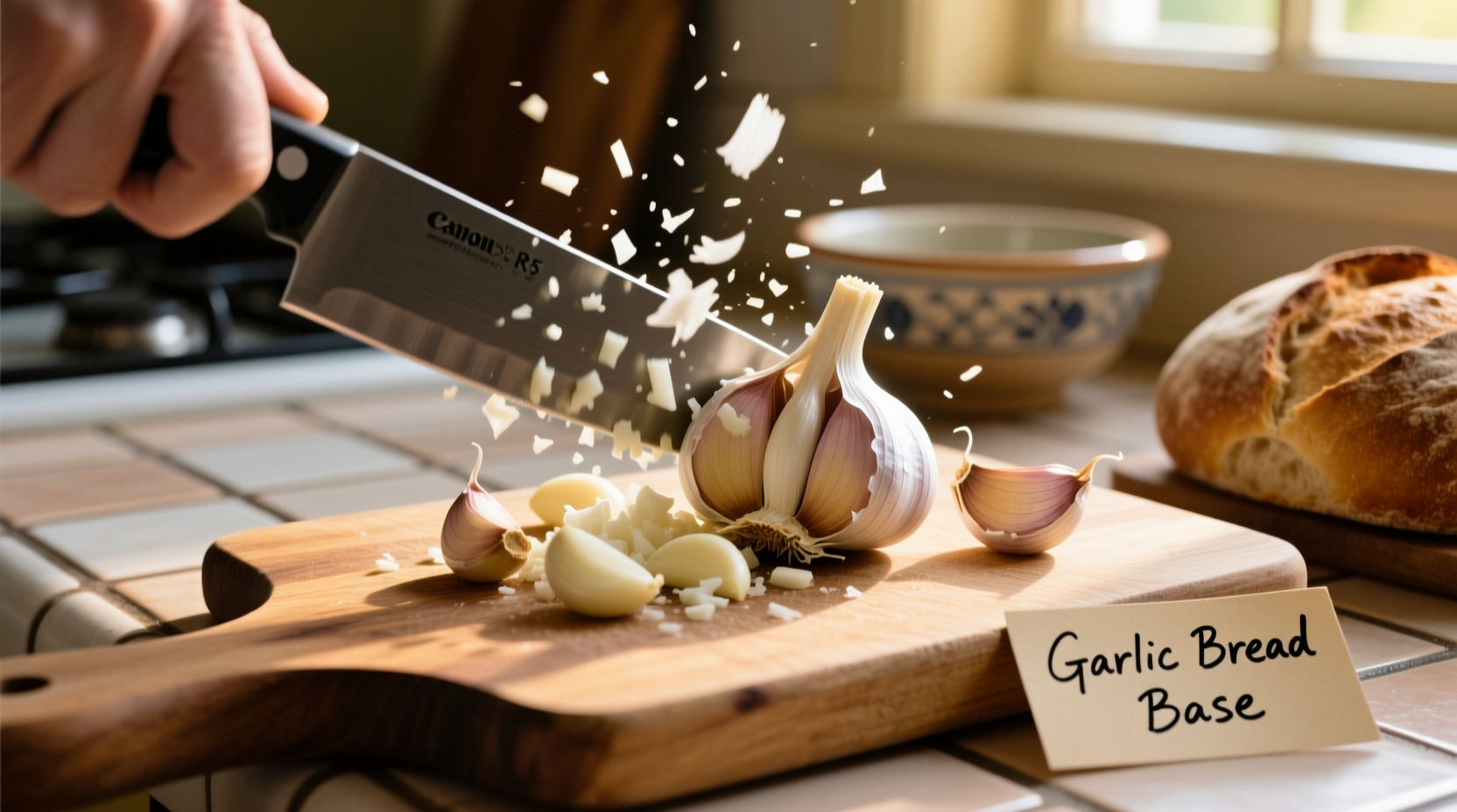 Fresh garlic cloves being minced for garlic bread preparation