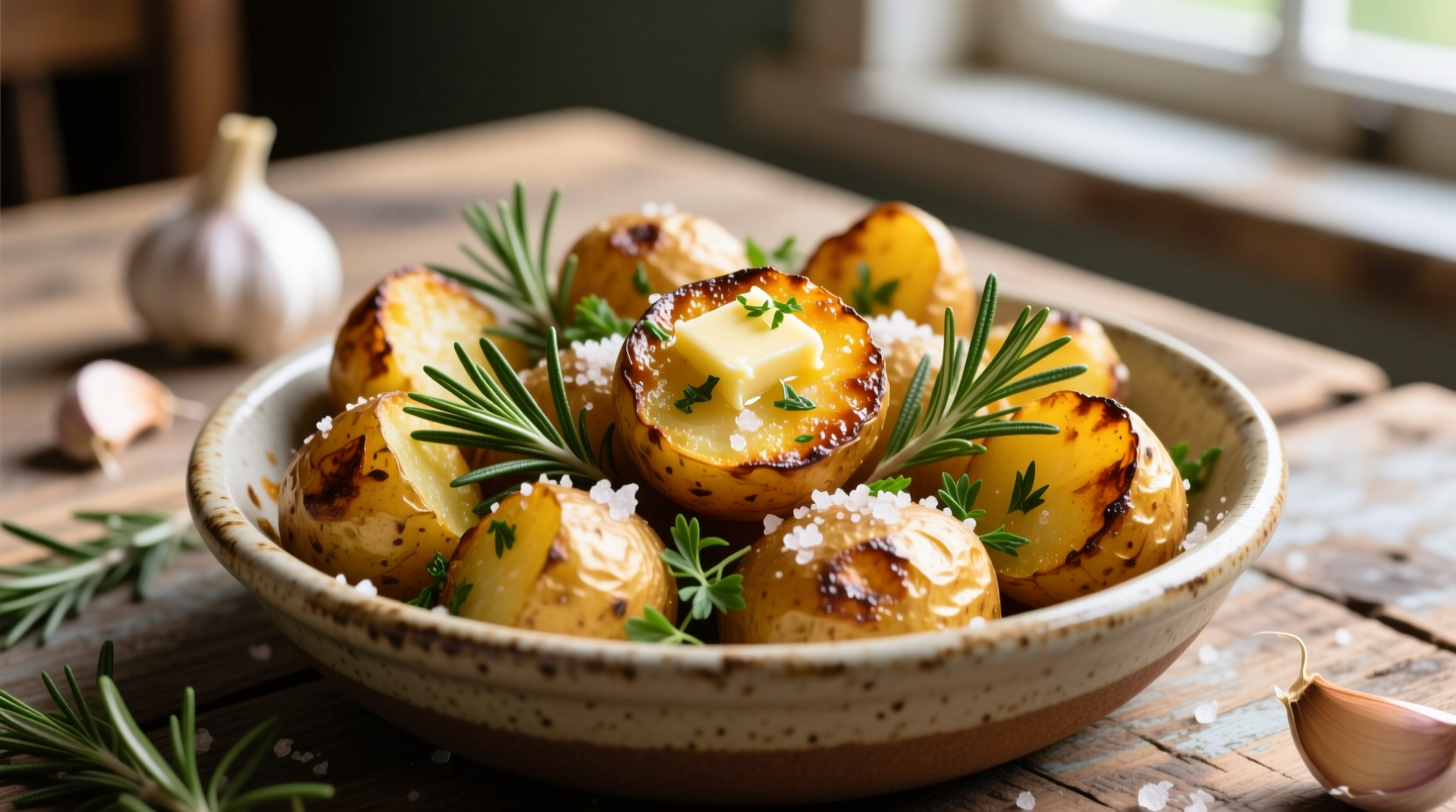 Golden garlic roasted potatoes with fresh herbs
