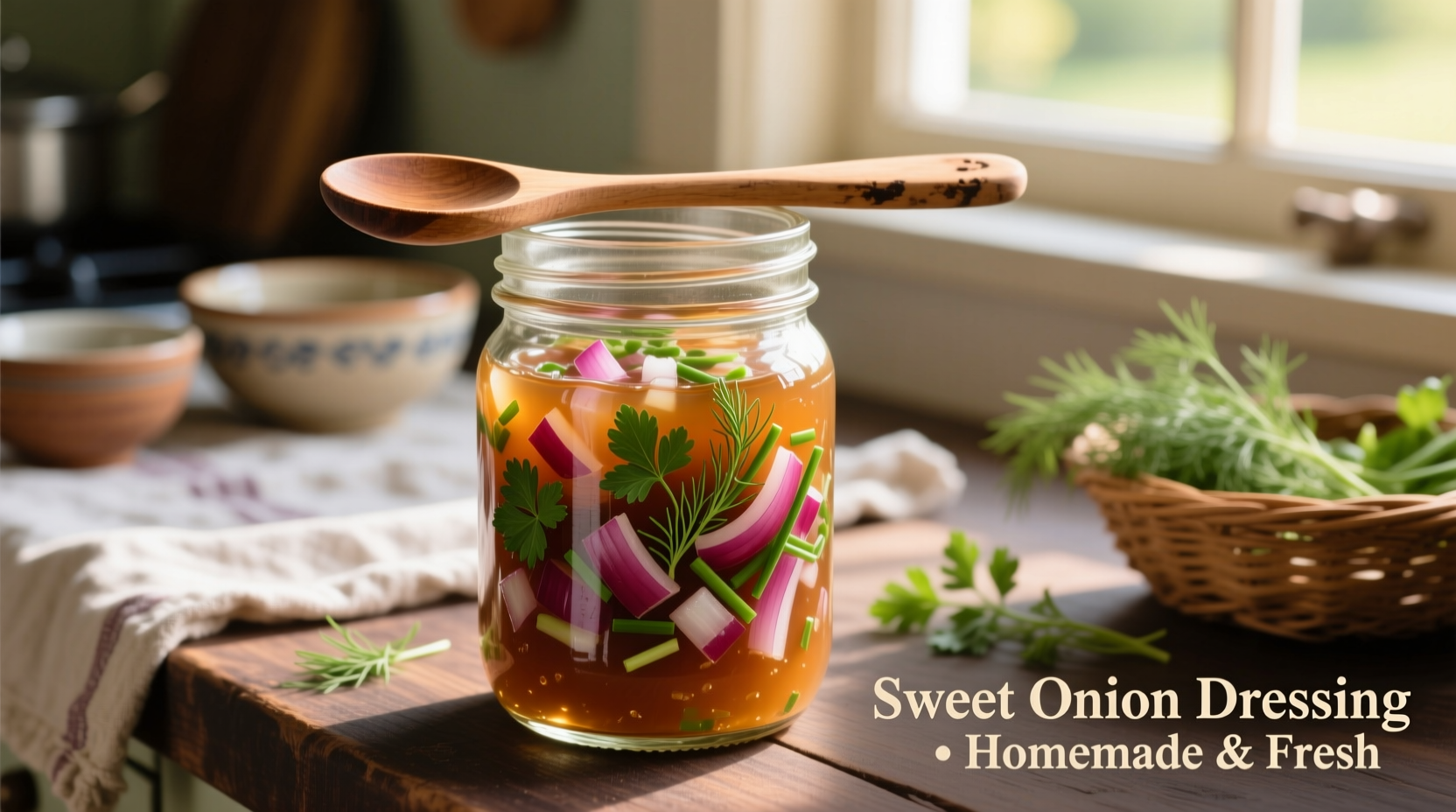 Homemade sweet onion dressing in mason jar with fresh herbs