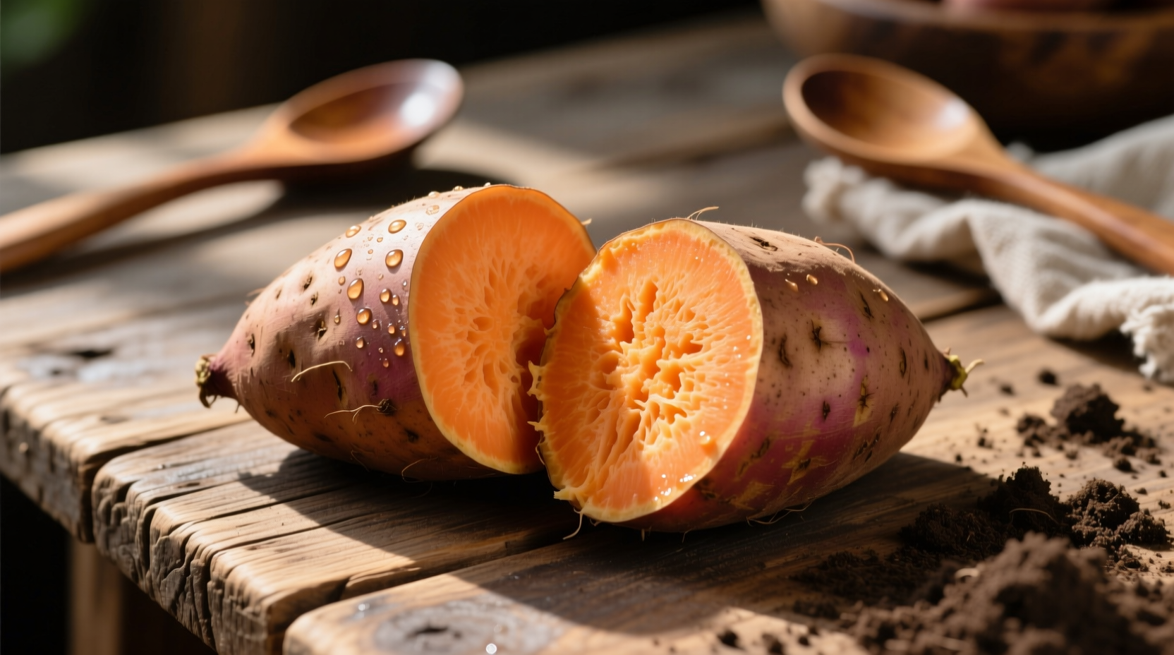 Fresh sweet potatoes with vibrant orange flesh on wooden table