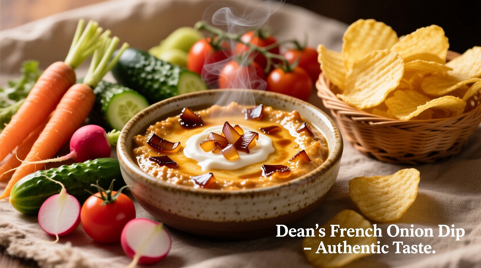 Dean's French onion dip with assorted vegetables and chips