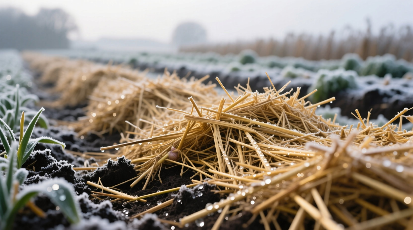 Straw mulch applied to garlic bed in winter