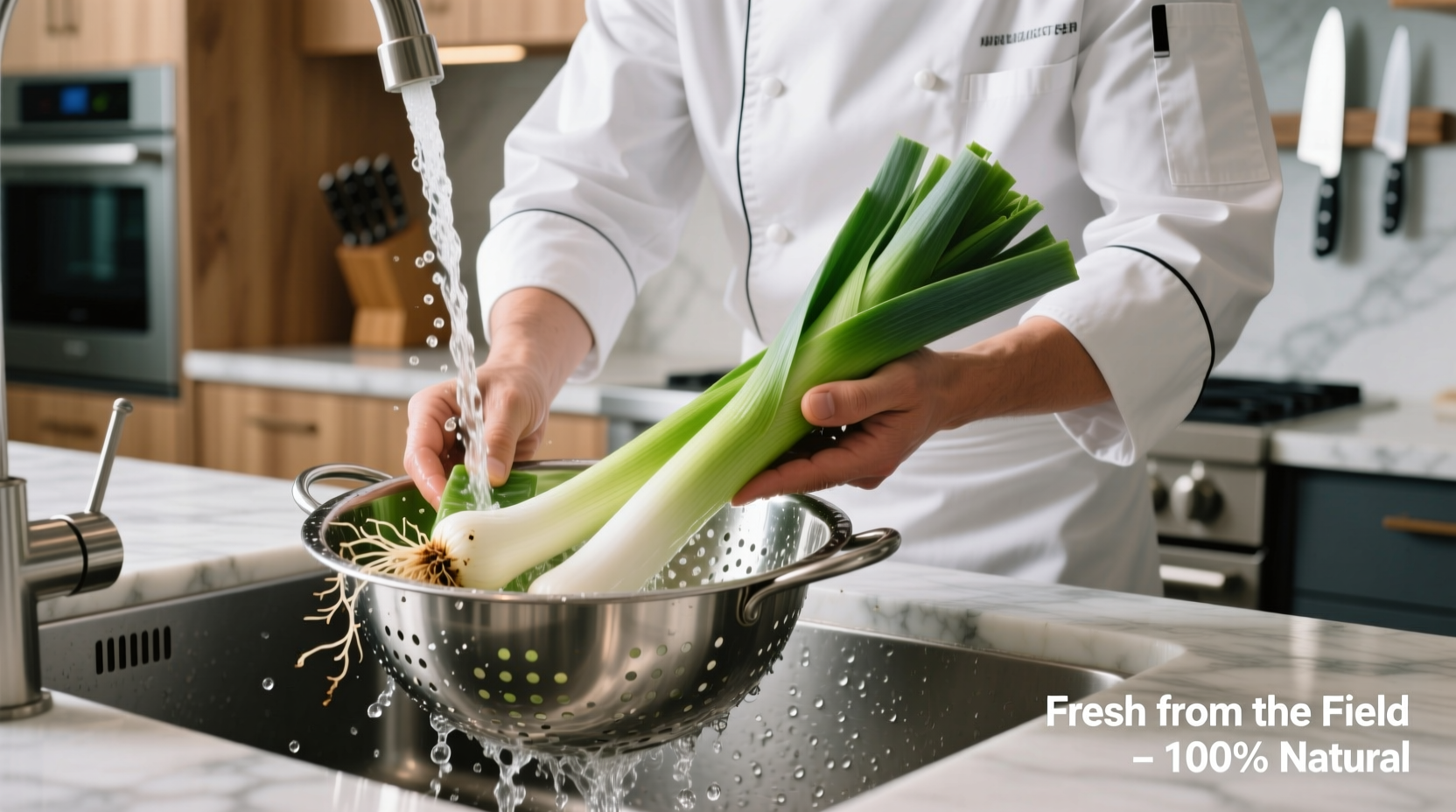 Chef cleaning leeks in colander with running water