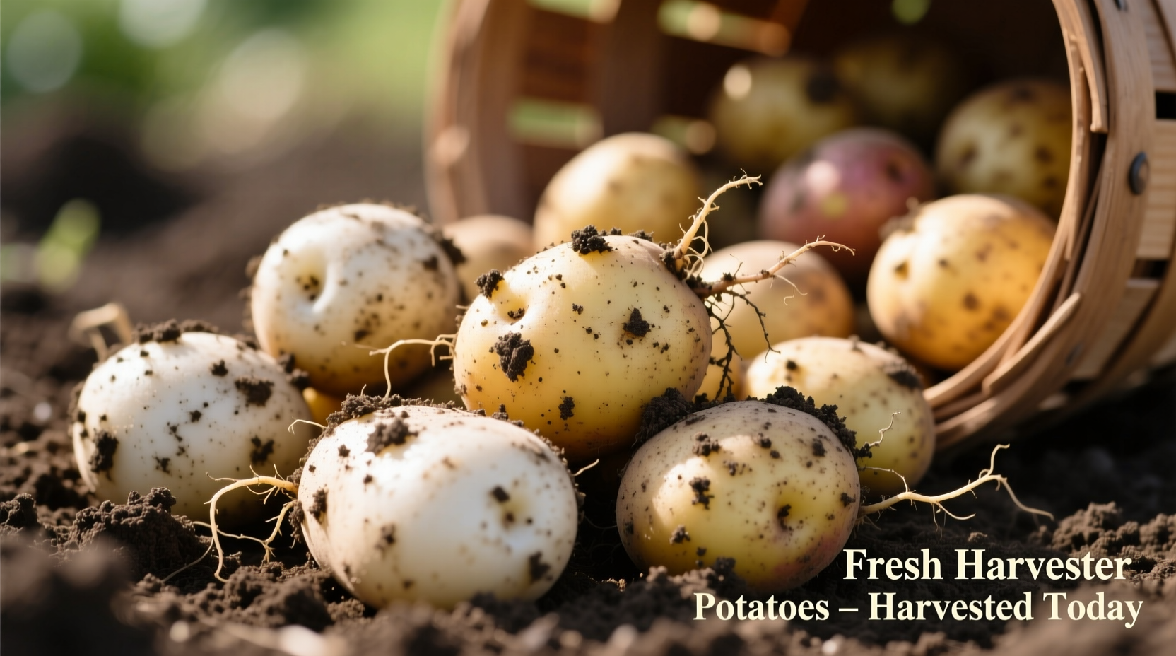 Fresh Harvester potatoes with soil still visible