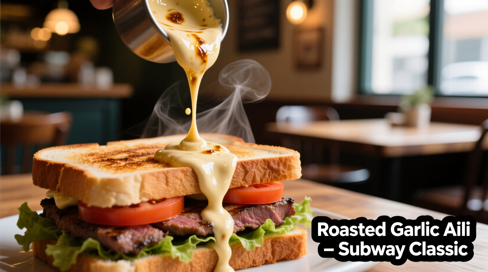 Close-up of Subway roasted garlic aioli drizzled on sandwich