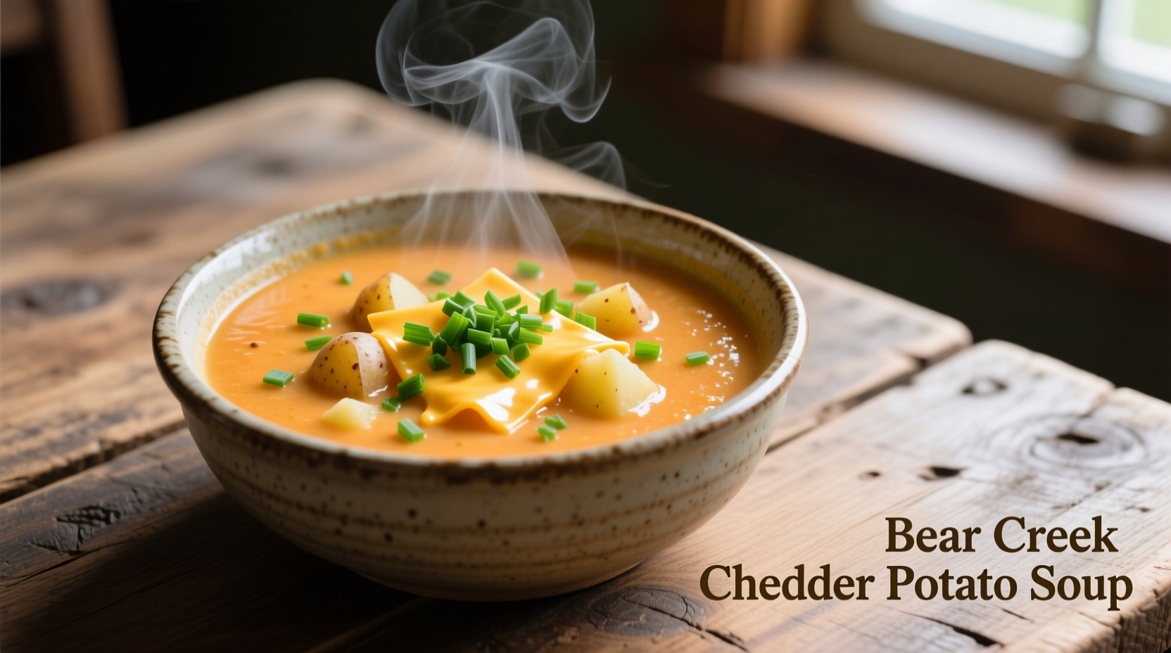 Bear Creek Cheddar Potato Soup bowl with fresh chives