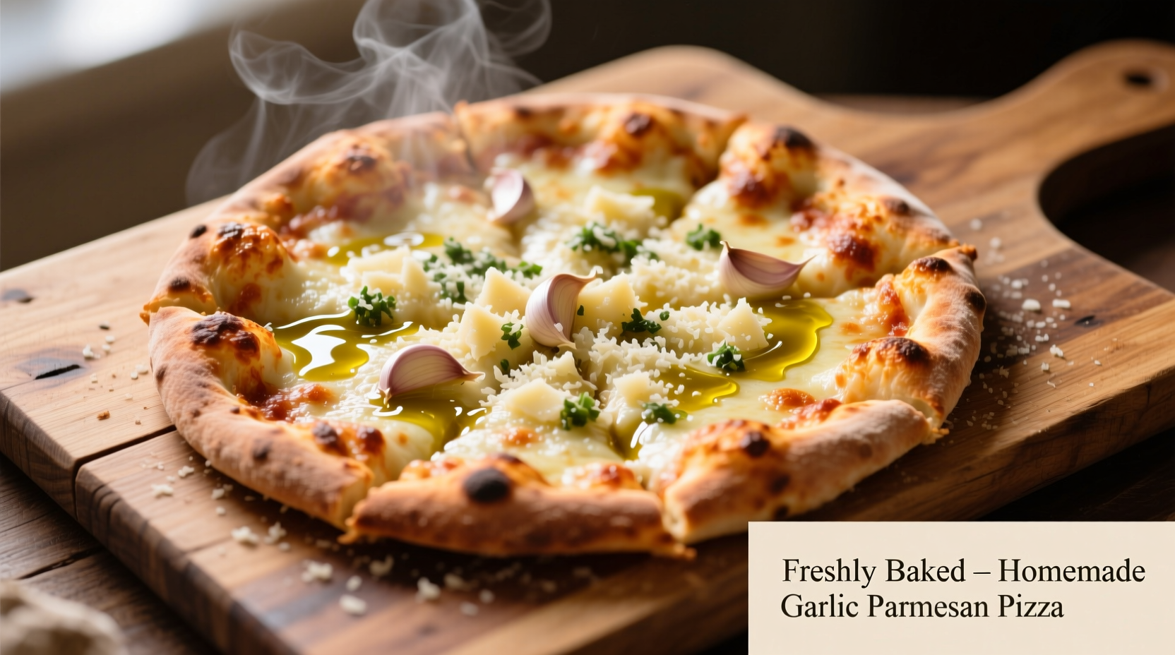 Homemade garlic parmesan pizza on wooden board