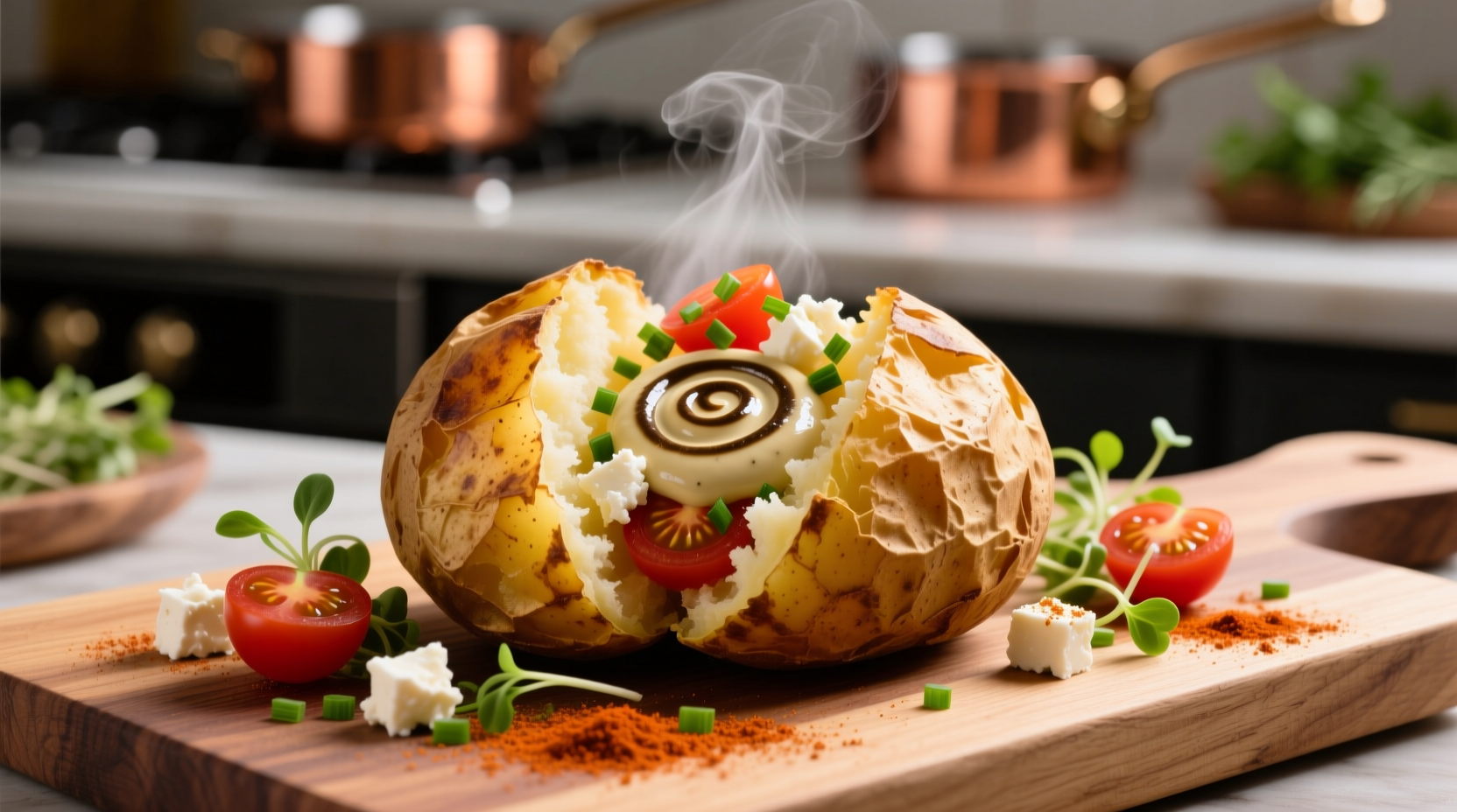 Gourmet baked potato with colorful toppings arranged artistically