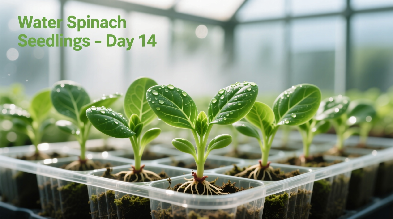 Healthy water spinach seedlings in nursery tray with vibrant green leaves