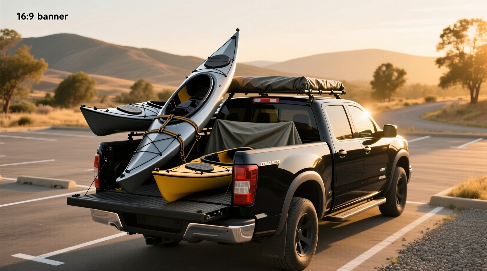Kayak and canoe loaded on pickup truck using roof crossbars and bed extender