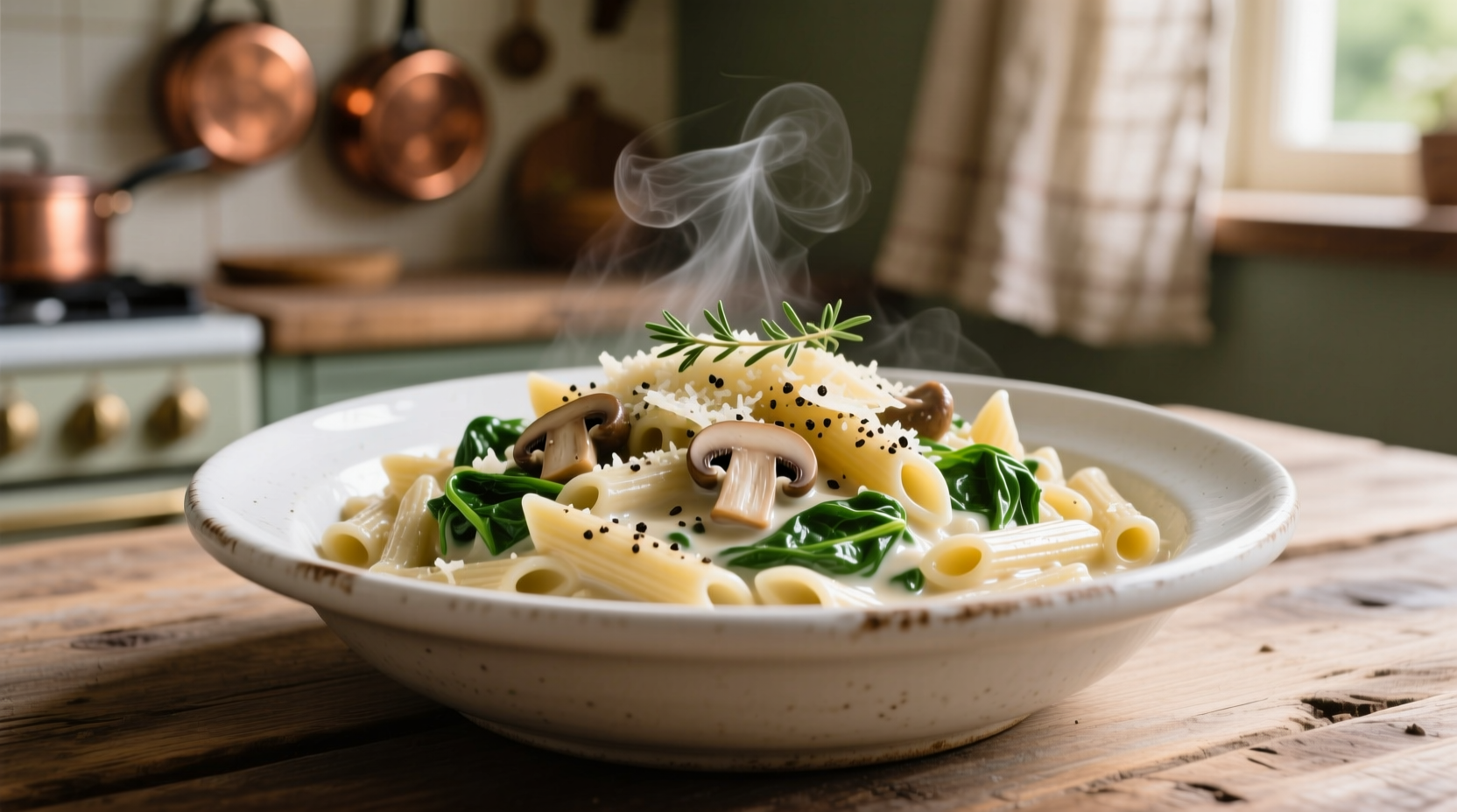 Creamy spinach mushroom orzo in white ceramic bowl