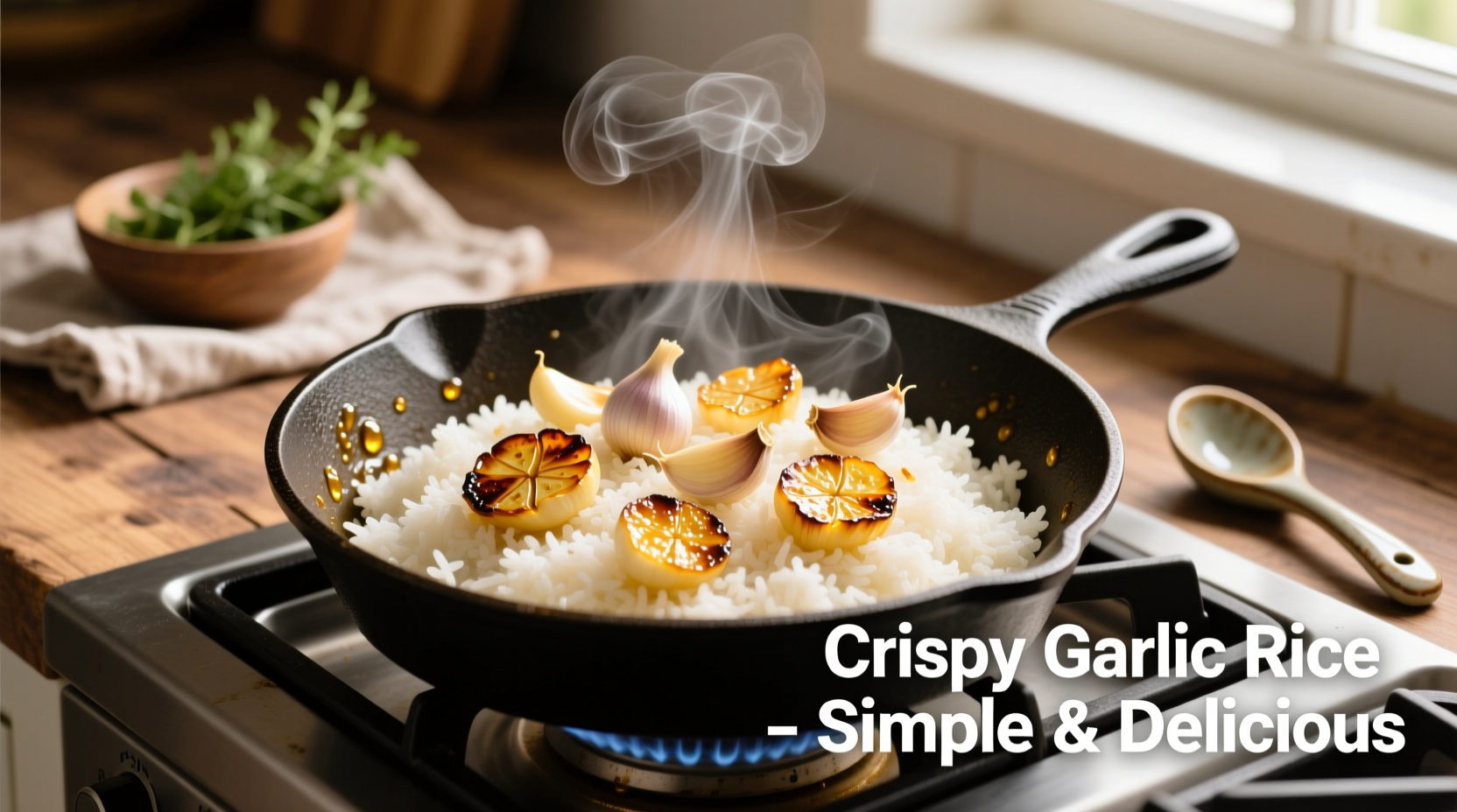 Golden garlic slices cooking in skillet with rice