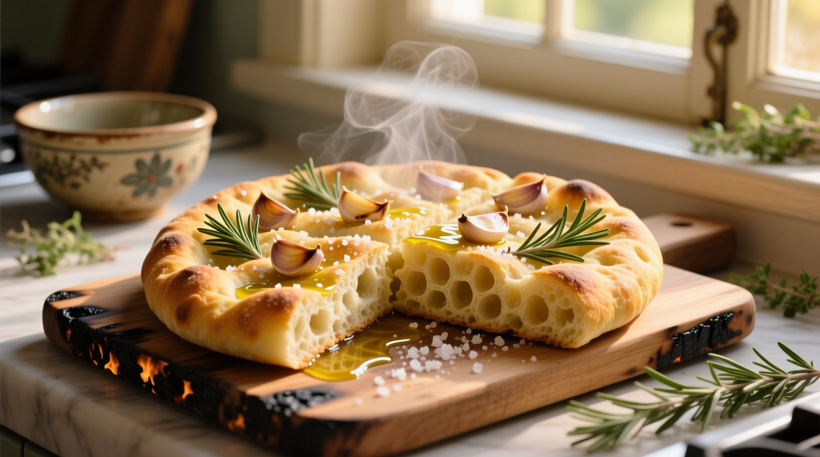 Golden focaccia with garlic and rosemary