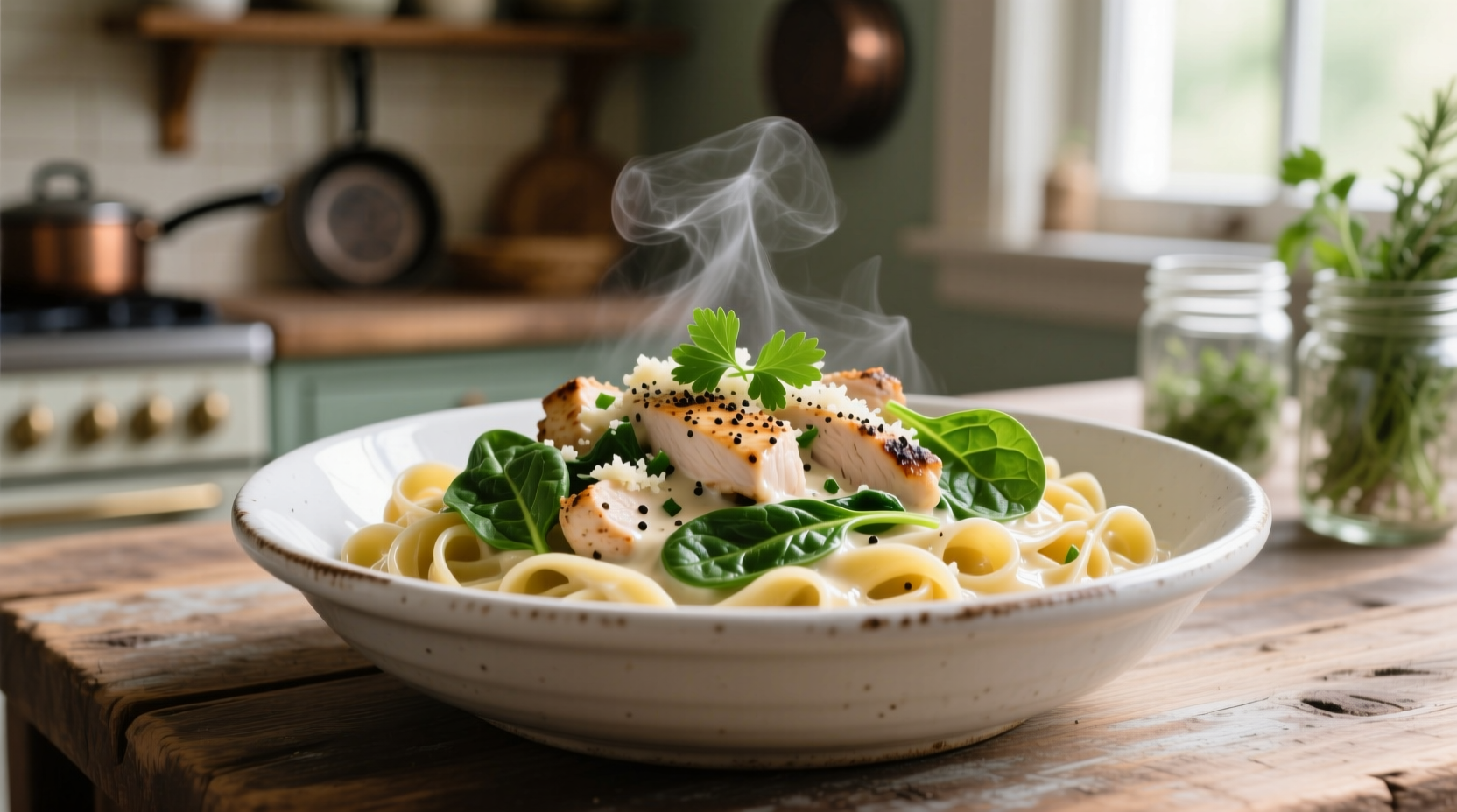 Creamy chicken spinach pasta in white bowl